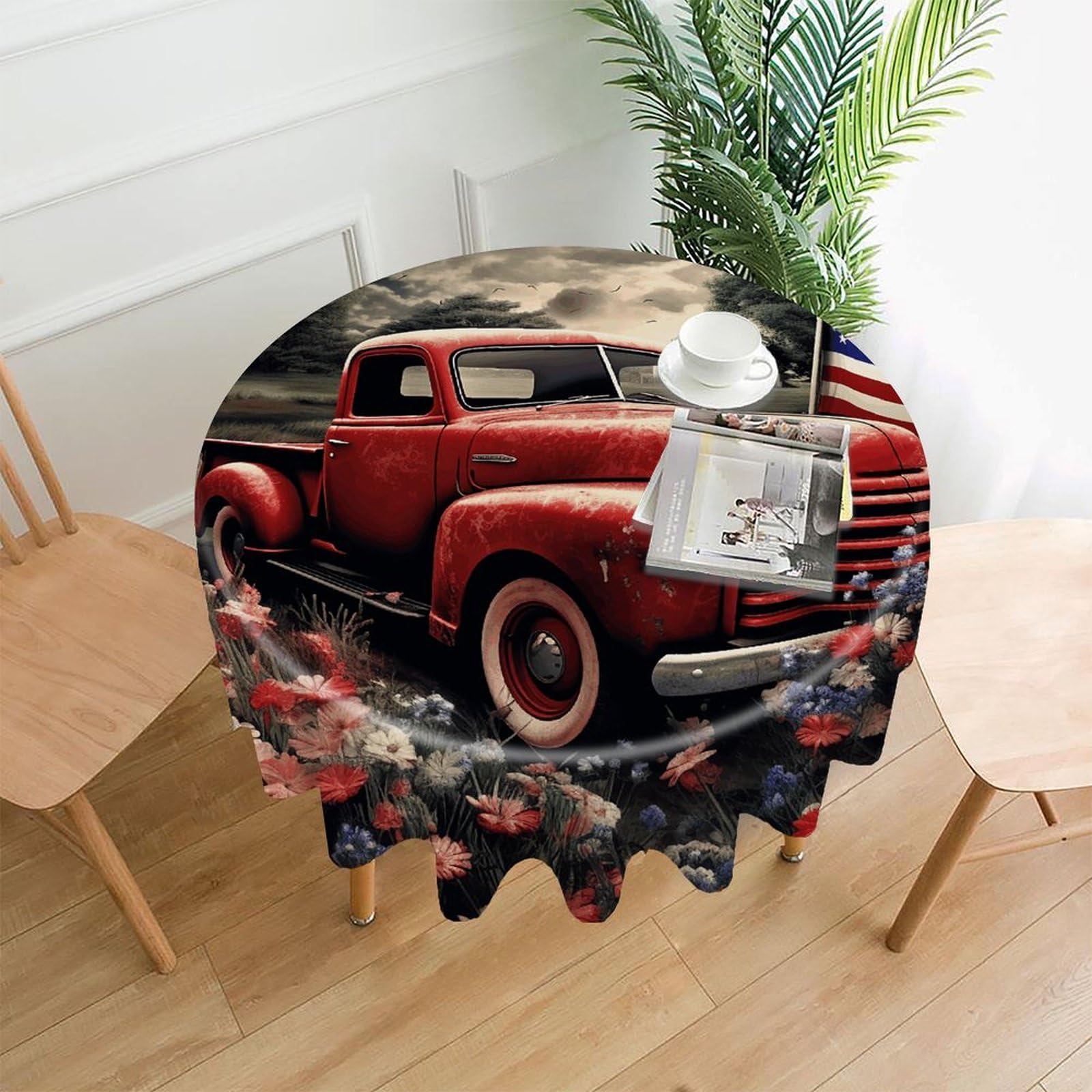 VstaDank 4th of July Patriotic Old Red Truck Tablecloth Easy to Clean Polyester Round Table Cover Washable Round Table Cloth Wrinkle-Free Circle Decoration Tablecloth for Kitchen Dining Room 60"