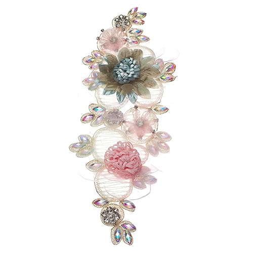 letsinstyle 3D Floral Embroidered Lace Patches, Rhinestones Beaded Flower Embroidery Applique, Polyester Sewing Accessories for Clothing Wedding Dress Lace Fabric DIY Decoration