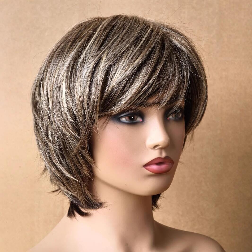 Pelucas sintéticas cortas y rizadas de corte pixie con gorro de peluca para mujer (Castaño Rubio Mixto)