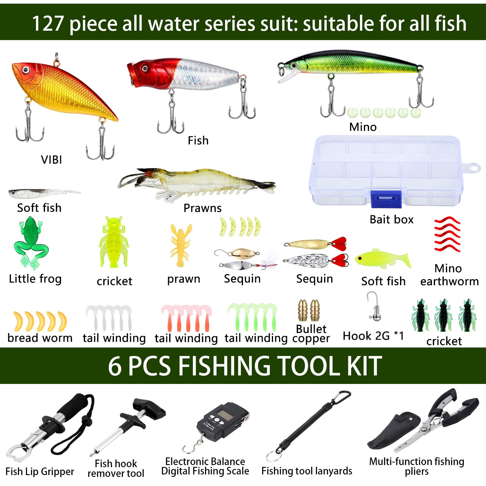 Sosation Kit de equipo de pesca de 482 piezas, caja de aparejos de pesca con aparejos incluidos, kit de herramientas de extracción de anzuelos, kit de señuelos de mochila (negro)