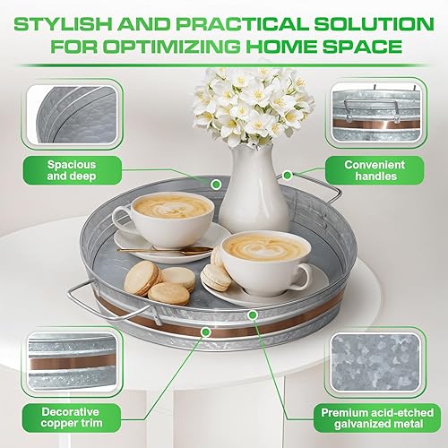 Miniatura 4 de Plexon Bandeja de metal para servir, bandeja galvanizada de 12 pulgadas de profundidad con asas y borde decorativo de cobre, mesa de centro de mesa