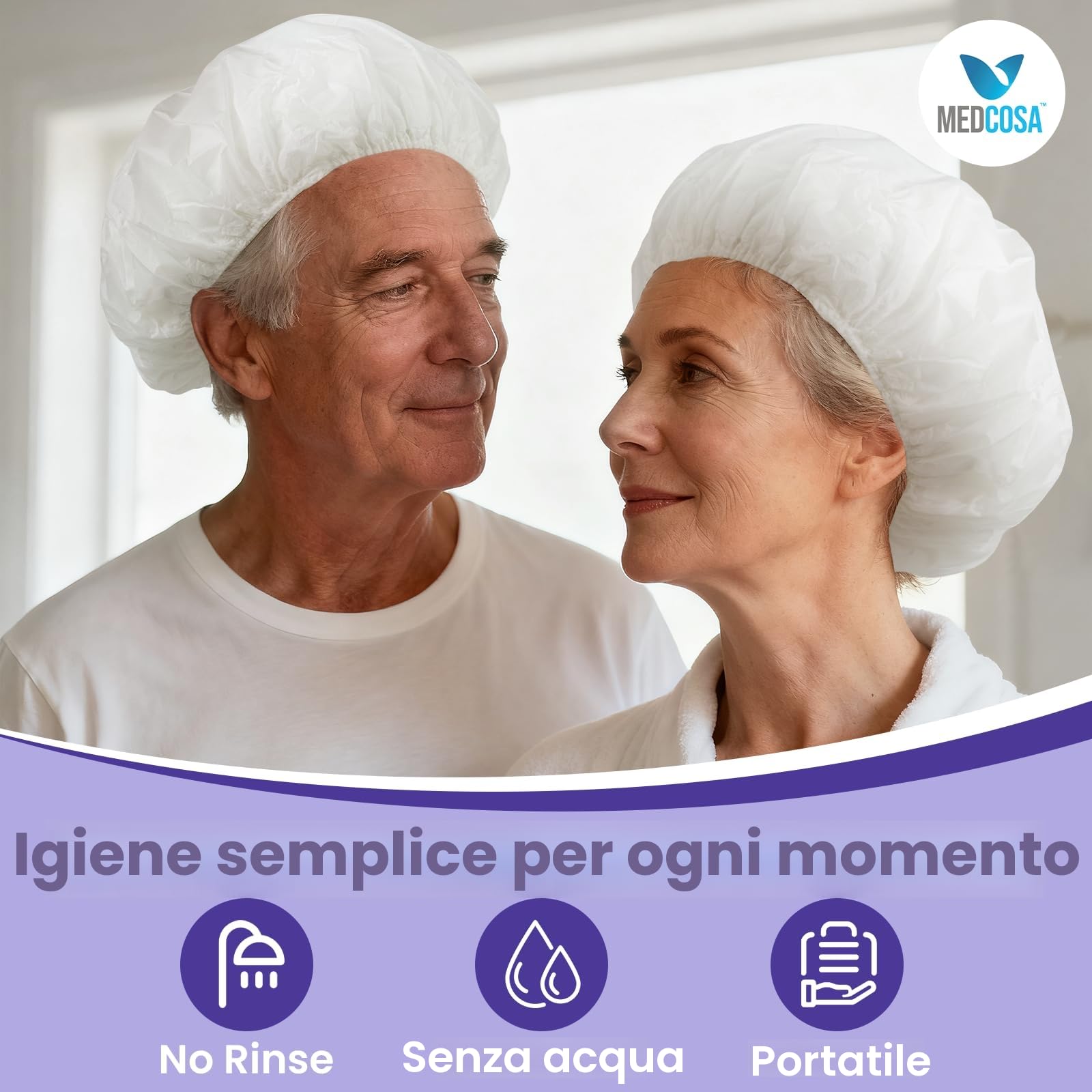 Medcosa Cuffia Shampoo a Secco - Cuffie per Lavare i Capelli senza Acqua - Shampoo senza Risciacquo - Formula con Aloe Vera Vitamina E Camomilla - 5x Confezioni con 1 Cuffia