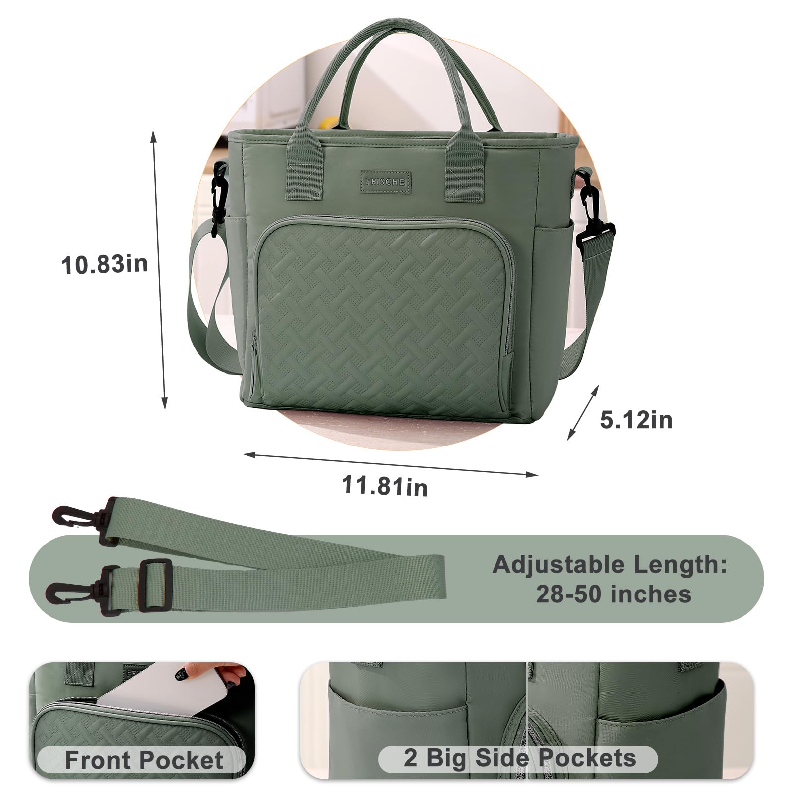 Lonchera aislada para hombres y mujeres, bolsa térmica grande a prueba de fugas con correa extraíble, fiambrera, bolsa de almuerzo reutilizable para adultos, para el trabajo, picnic y viajes, color