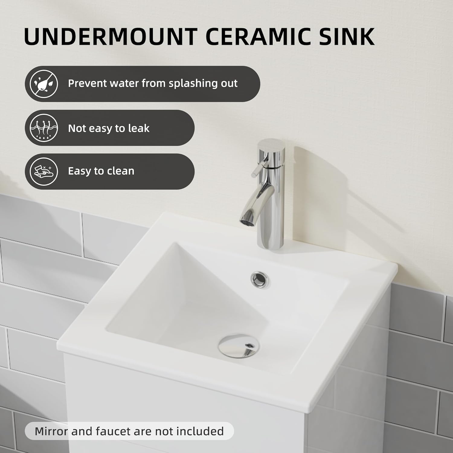 16” Small Bathroom Vanity Single Sink, Freestanding Modern Bathroom Cabinet with White Drop in Sink, 2 Doors Wood Storage Cabinet, White