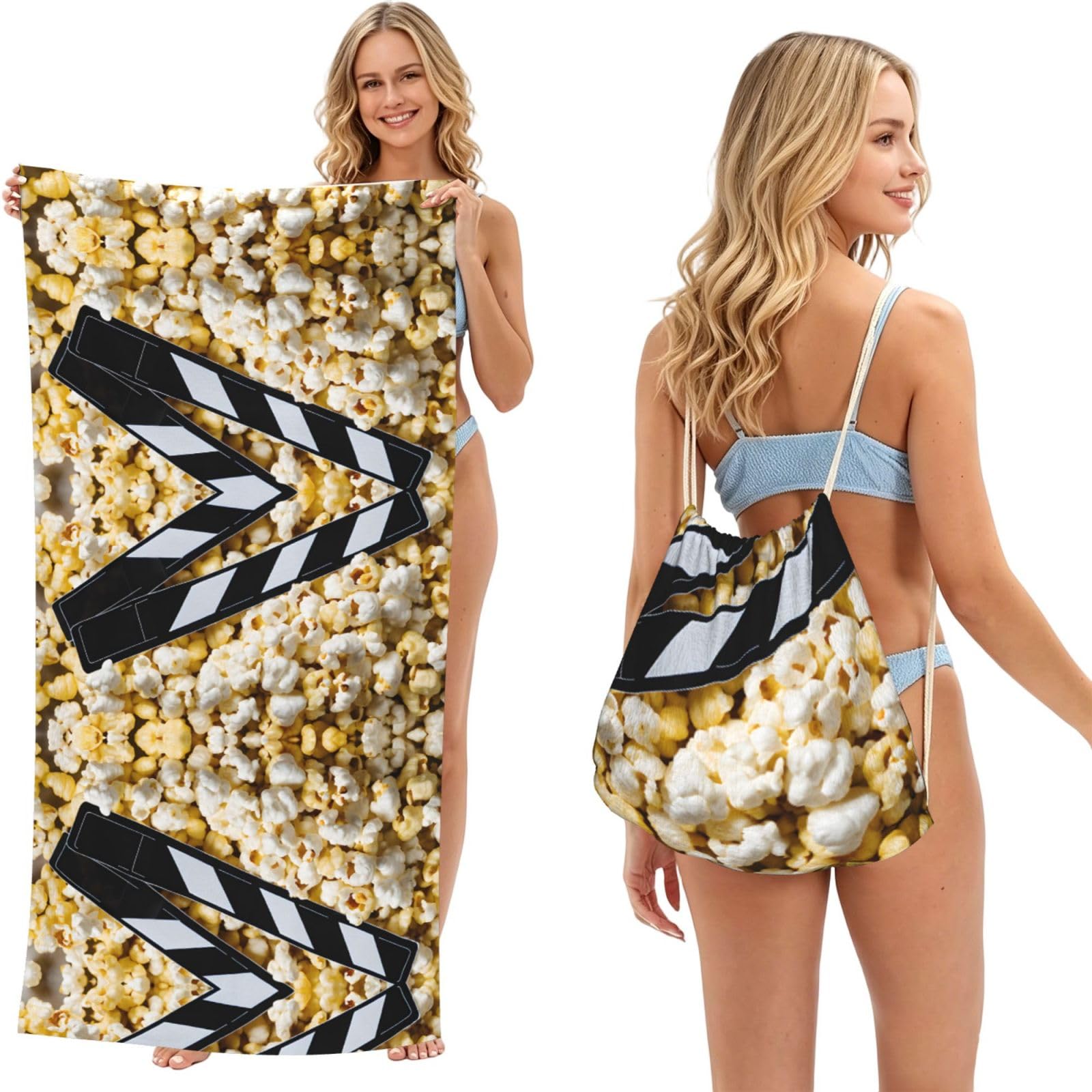ESNAIUVCD Cinema Movie Clapboard And Popcorn Print Beach Towel For Adults,Towel With Drawstring Bag, Travel Pool Swimming Sports Shower Sand Free Quick Dry Bath Towel For Pool, Beach, Yoga- 180x60cm