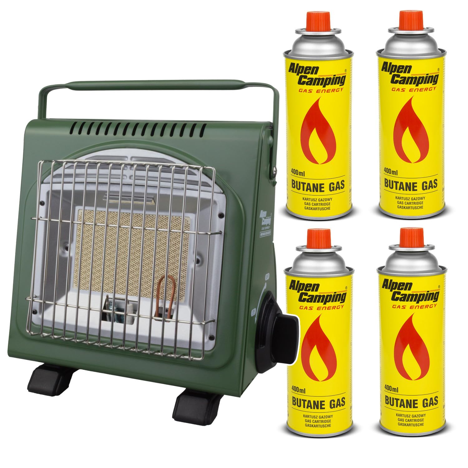 Alpen Camping IK1100 2 w 1 piec gazowy, przenośny grzejnik gazowy + 4 wkłady 400 ml, zużycie gazu 108 g/h, zapłon piezoelektryczny