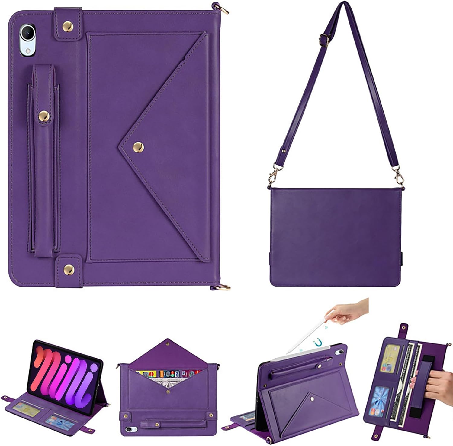 Tablet Carrying Shoulder Bag Case for Apple iPad mini 7th 6th Generation 8.3 Inch, PU Leather Hand Strap Crossbody Shoulder Strap Cards Holder Pocket S Pen Holder Stand Case, Purple