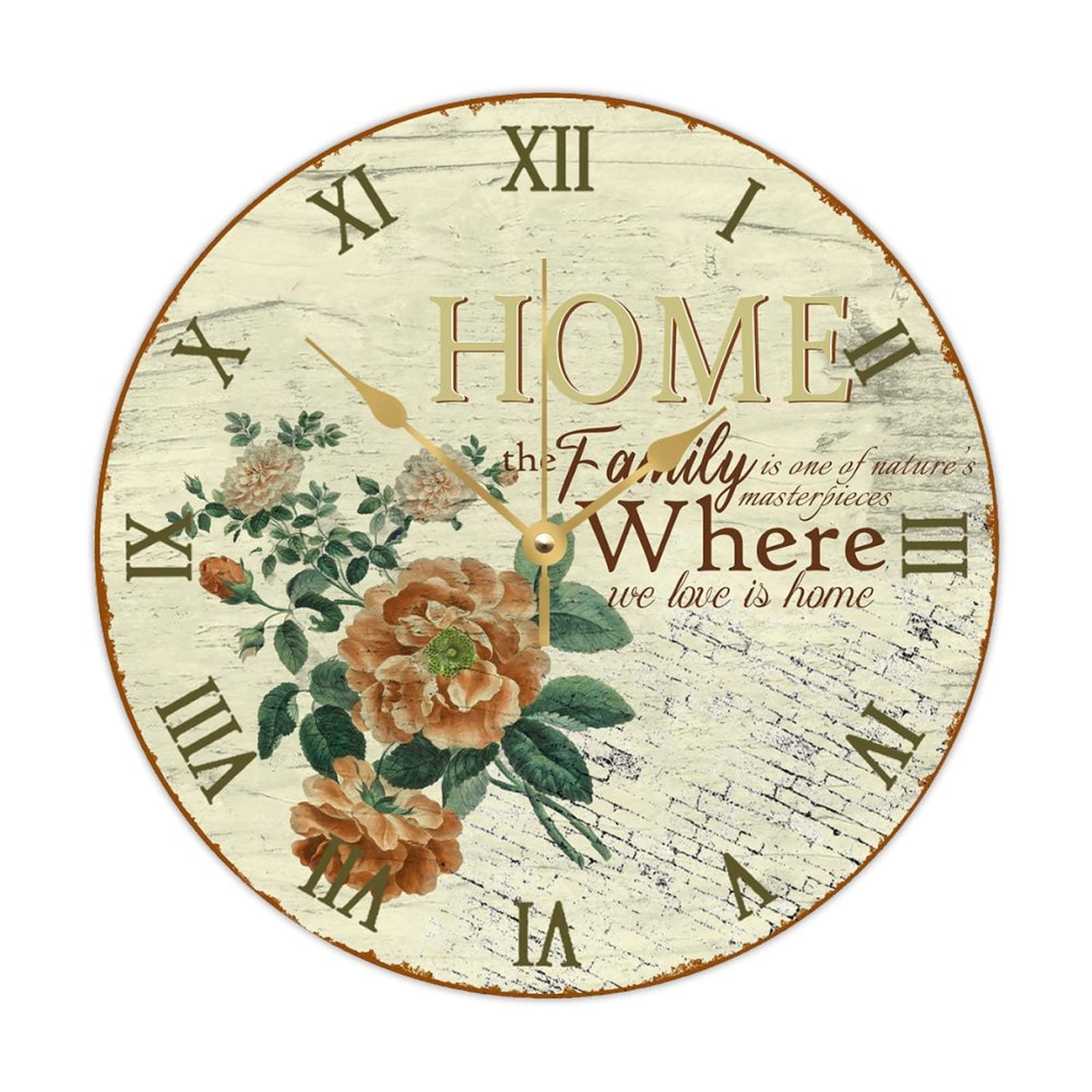 Horloge murale ronde en bois Flower Home style botanique vintage 38 cm