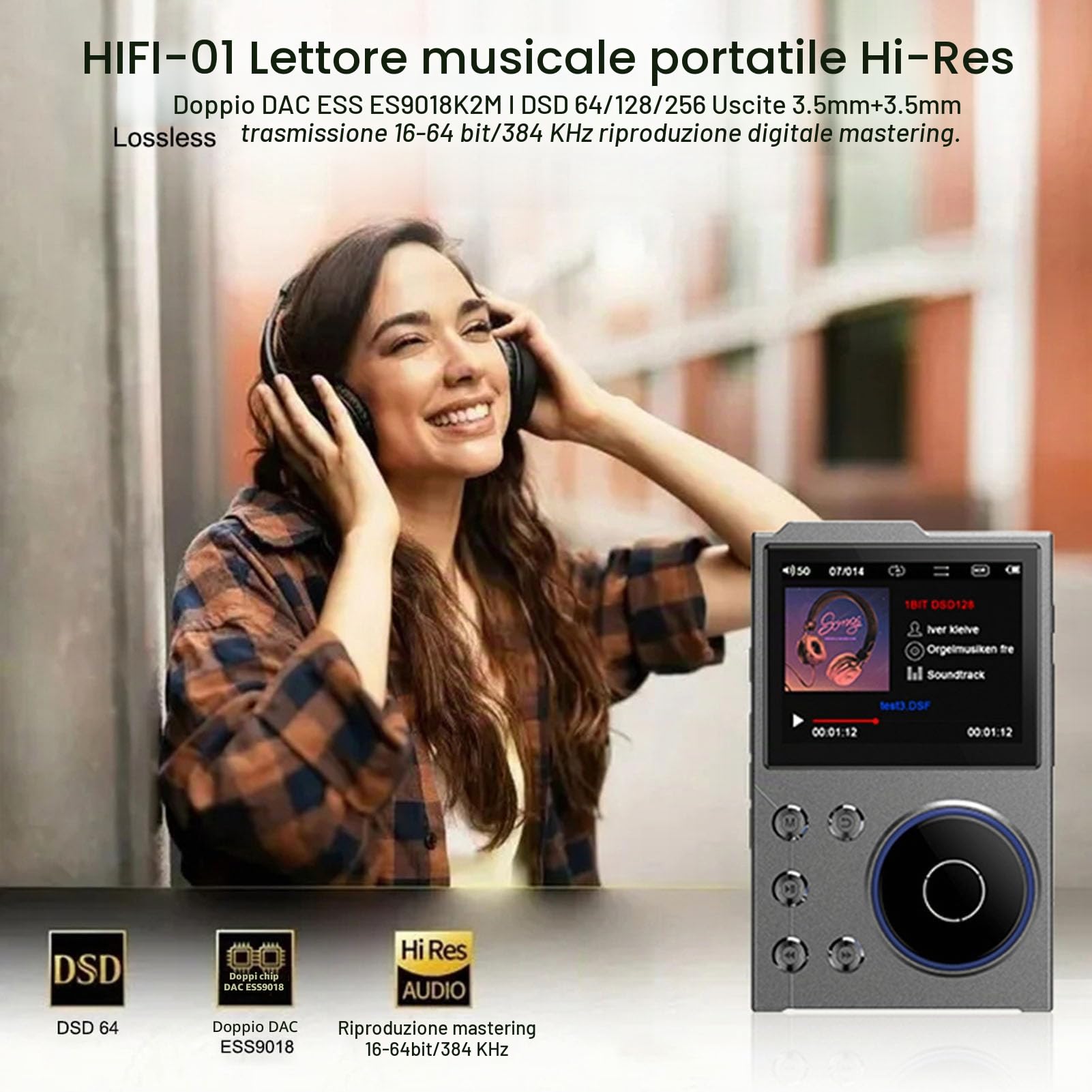 HIFI MP3 Player, Bluetooth 5.3 HD Digital Music Player DSD Senza Perdita di Perdita DSD FLAC con 2,4 Nella Schermata di Display HD, Archiviazione Espandibile per Lettore Audio Ad