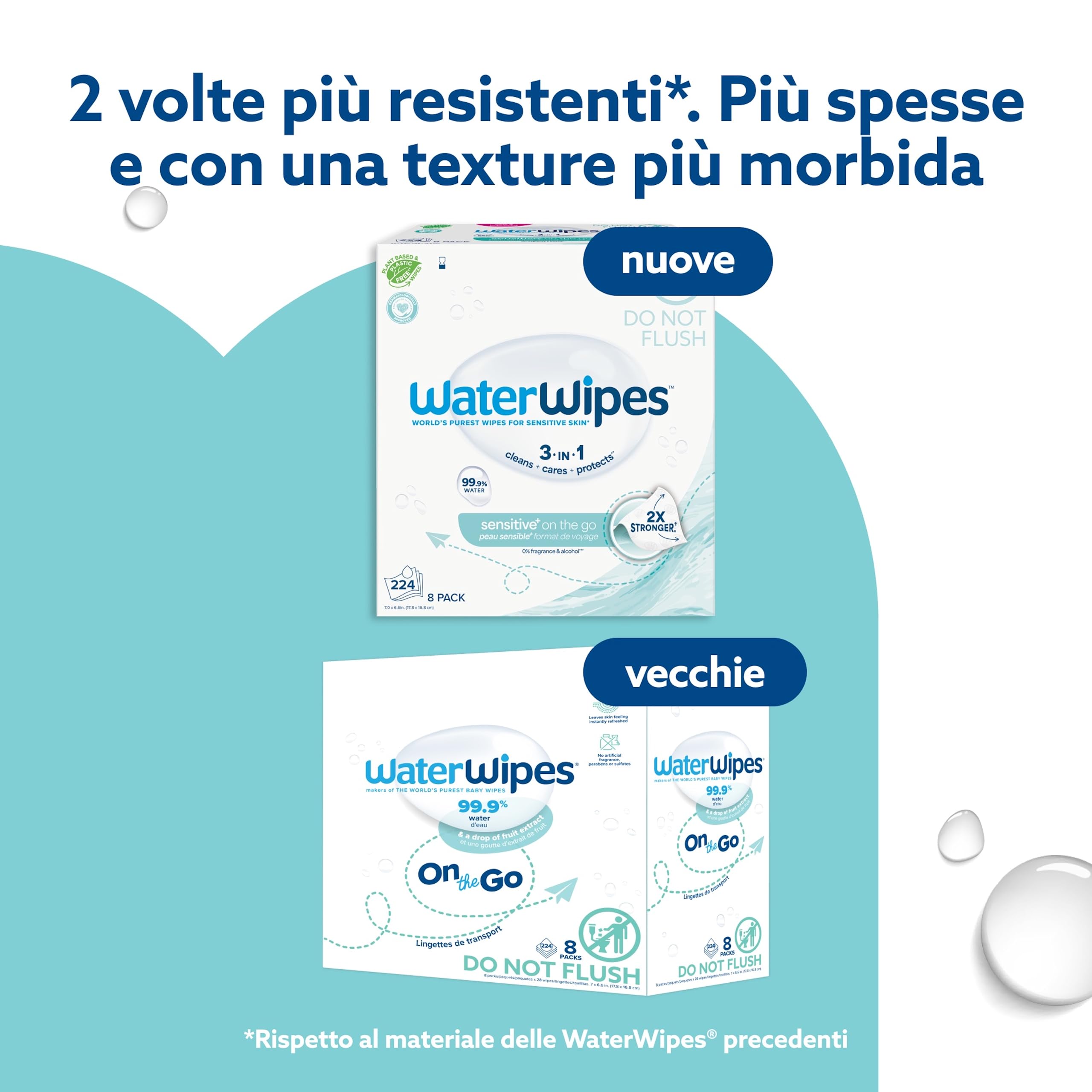 WaterWipes Sensitive+ On The Go Wipes, 224 Pezzi (8 Confezioni), Deterge, Cura, Protegge, 99,9% Acqua, Salviette Umidificate Senza Profumo