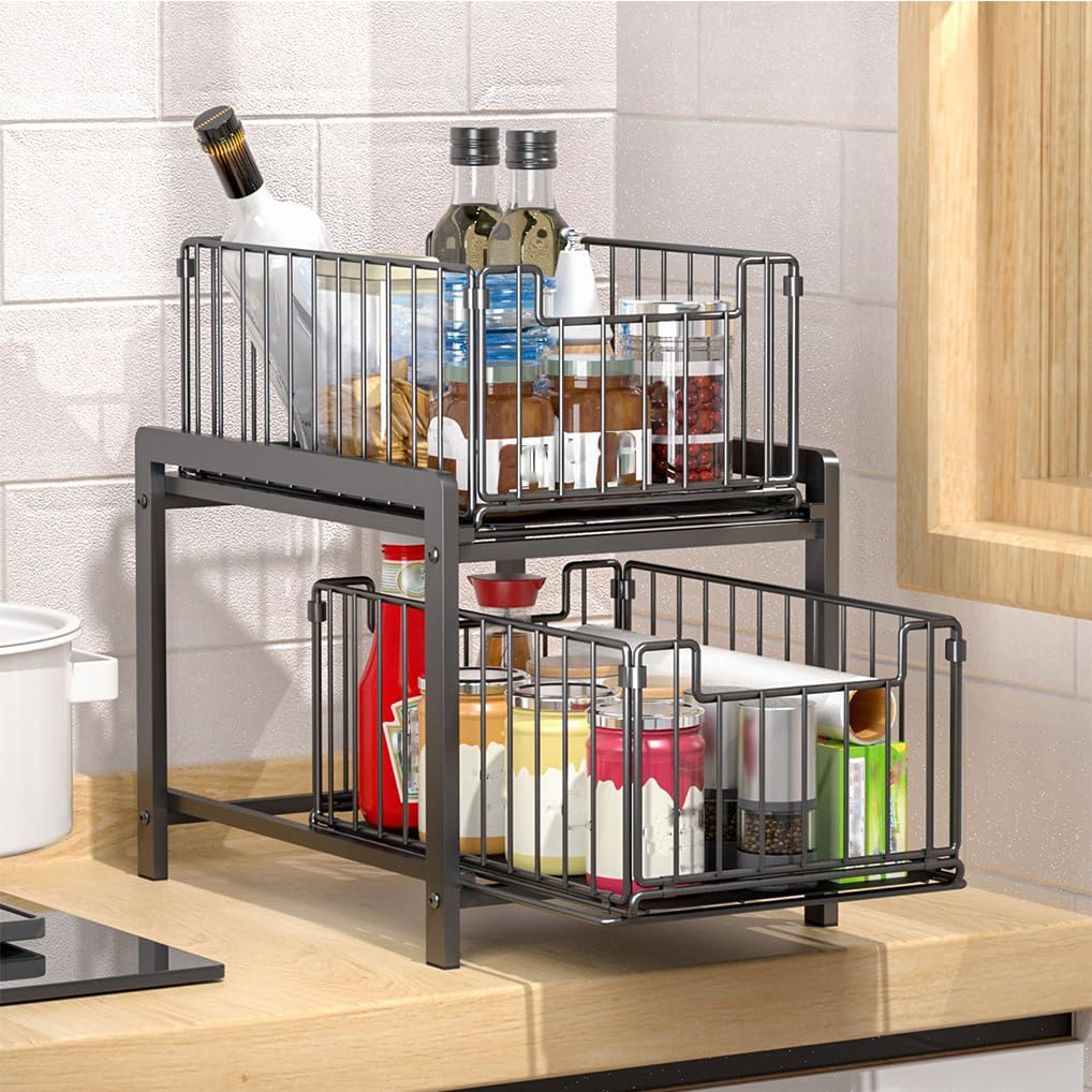 Organizador de 2 niveles para debajo del fregadero, armario de cocina, estante de almacenamiento para ahorrar espacio, estante de baño con cajón extraíble deslizante, cesta de encimera