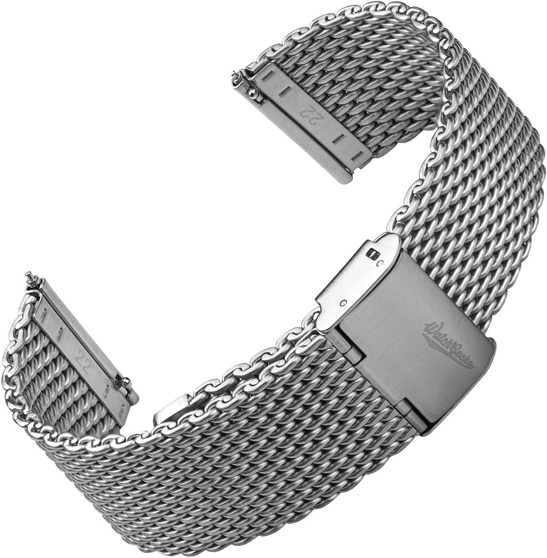 Classic Mesh Watch Strap, Polished or Satin Brushed Finish, 18-22mm. Men's Replacement Stainless Steel Band. Quick Release Spring Bars for Easy Changes