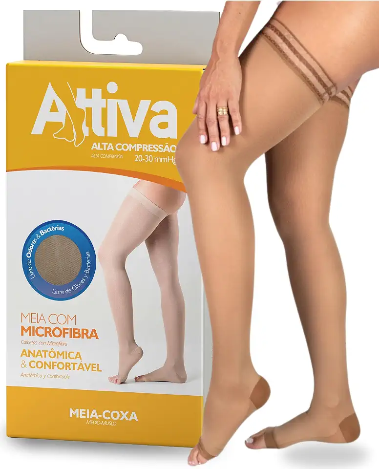 Meia de Compressão Feminina 7/8 Meia Coxa Alta 20-30 mmHg Ponteira Aberta ATTIVA - Previne Varizes, Trombose, Edema, Pós-Cirúrgico, Melhora Circulação, Alivia Cansaço e Peso nas Pernas