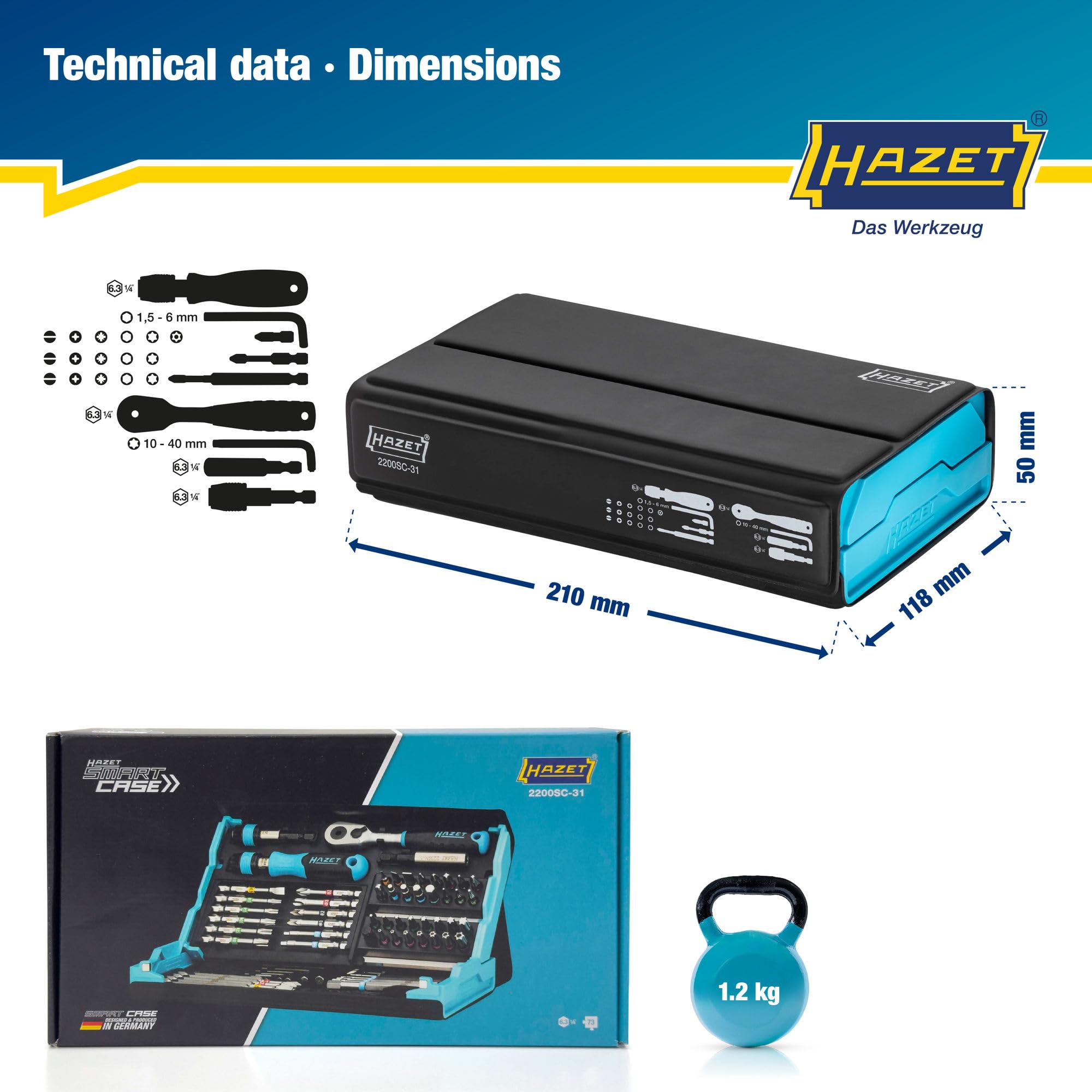 HAZET Juego de puntas Smartcase 2200SC-31 I 73 piezas, accionamiento: hexagonal 6,3 (1/4 pulgada) muchas herramientas en el mínimo espacio para la mejor visión de conjunto