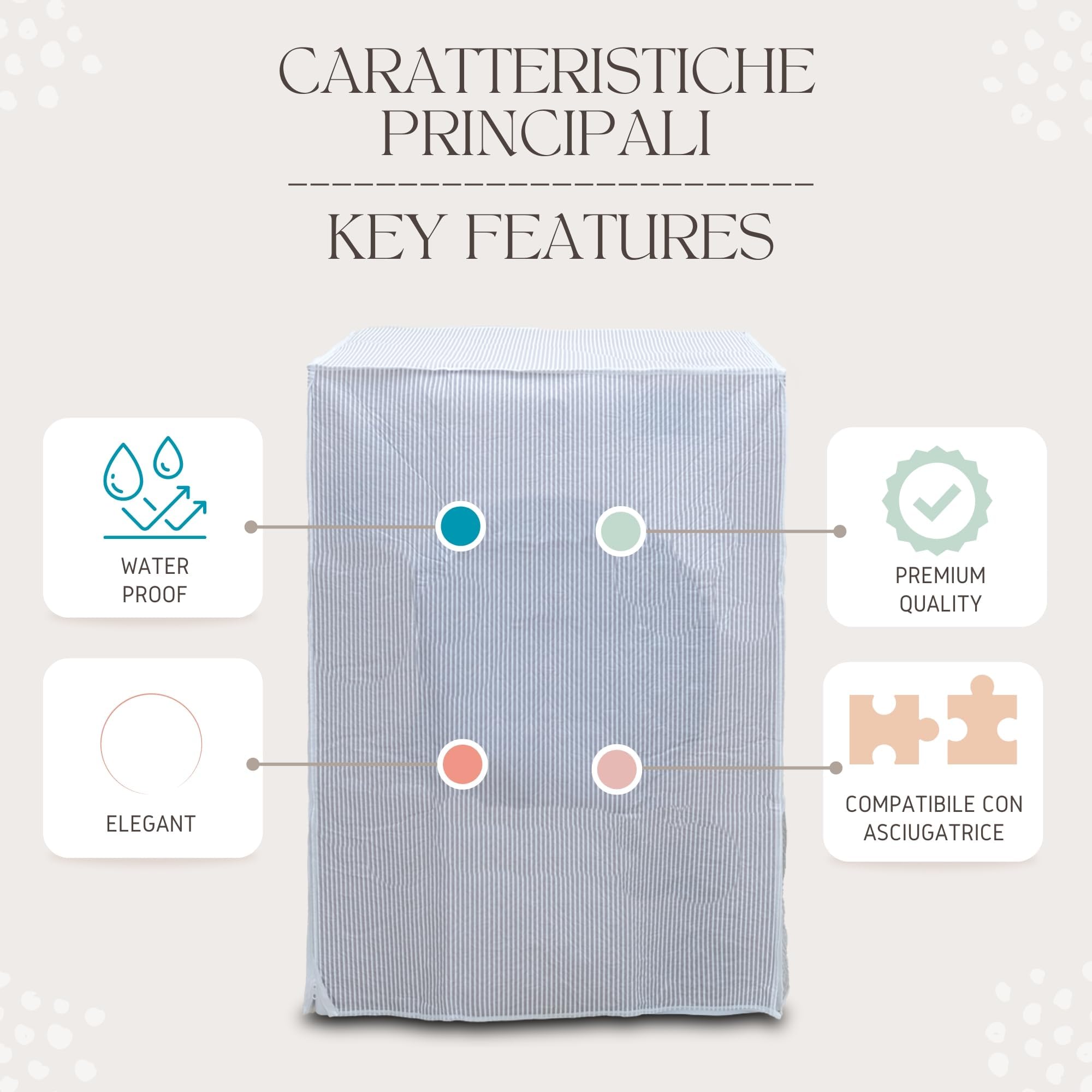 Washing Machine Cover, Waterproof, 60 x 60 x 80 cm, Stripes, Neoprene, Zipper Closure, Appliance Cover