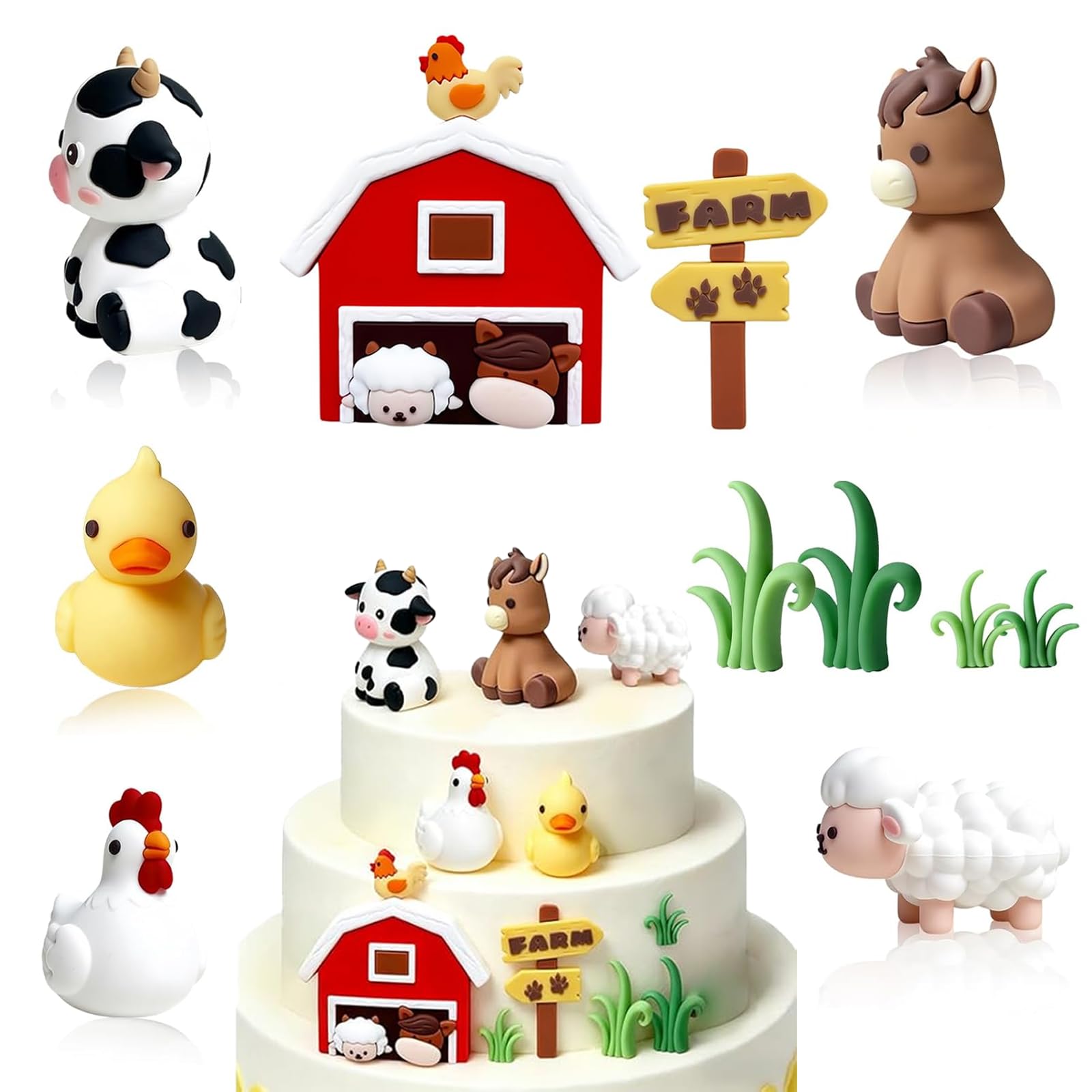 9 PCS Farm Animal Cake Toppers Set, Highland Cow Farm Cake Decorations with Grass and Shed, 3D Farms Cakes Toppers Animal Decorations Birthday Cakes Topper for Birthday Party