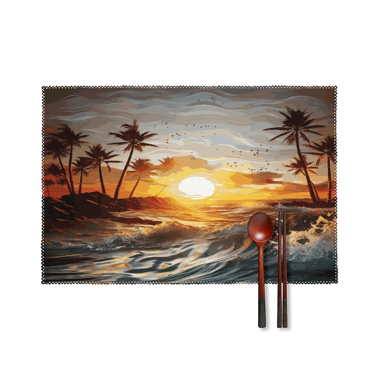 Palm Trees Ocean Waves Sunset Placemats Washable Canvas Place Mats Decoration Placemat for Dining Table Easy to Clean Tables Mat Set of 6 for Kitchen Dining Room Coffee Table