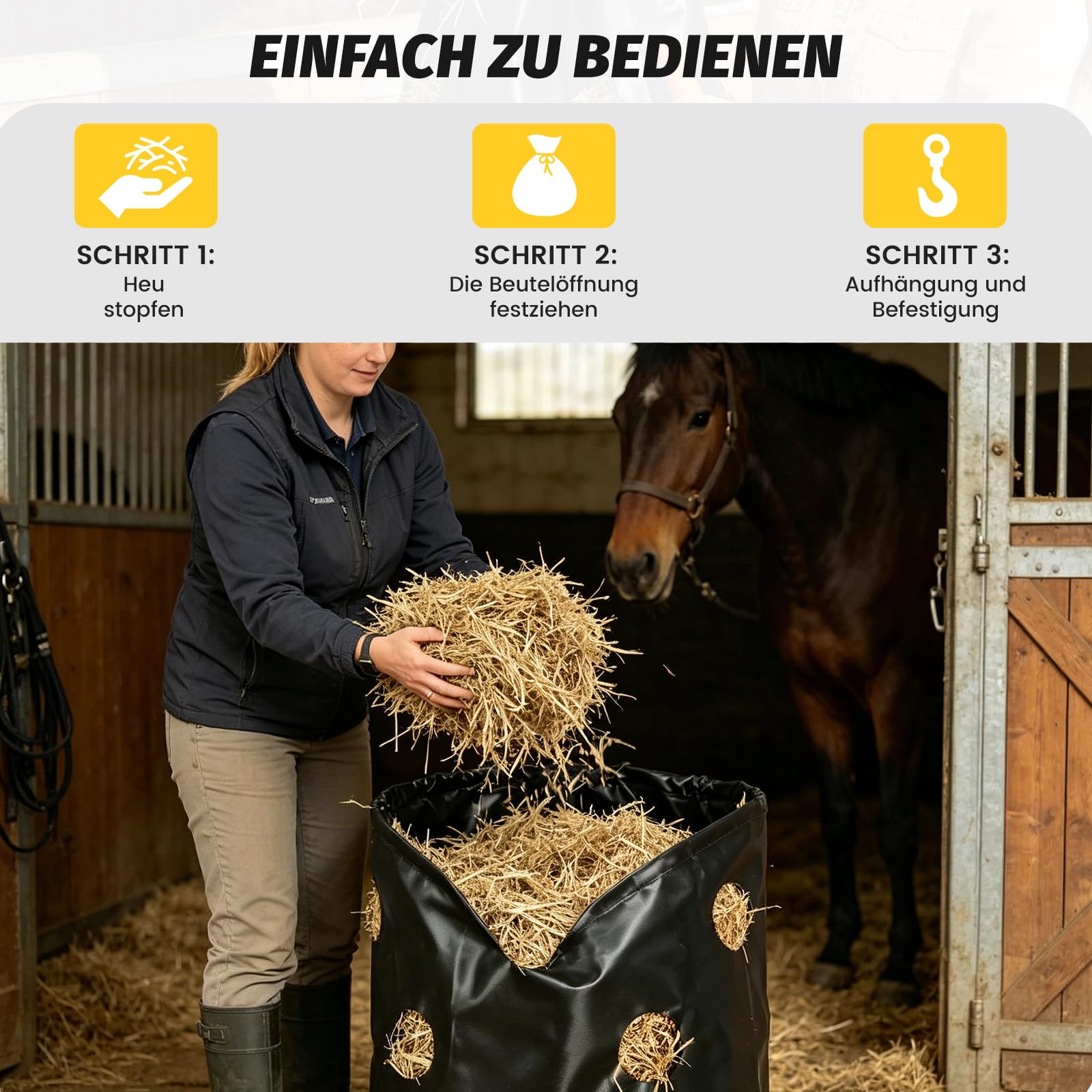 Heunetz für Pferde, 88L Heusack für Pferde zum langsamen Fressen, 70 x 40cm Heunetz mit 16 kleinen Öffnungen (8 cm) & 3,3 M langes Seil, verhindert Futterverluste & reduziert Stress