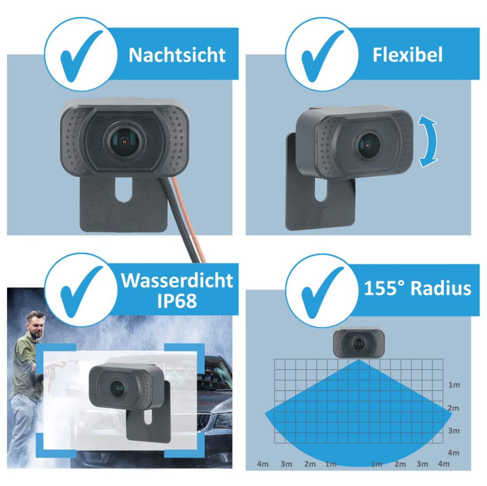 VSG24 5“ HD Set 2 Kameras Funk Rückfahrsystem Premium ONE für PKW, KFZ Set kabellos inkl. Rückfahrkamera + Monitor, einfach zum Nachrüsten 12V-24V, Nummernschild Kamera digital, Auto Rückspiegel