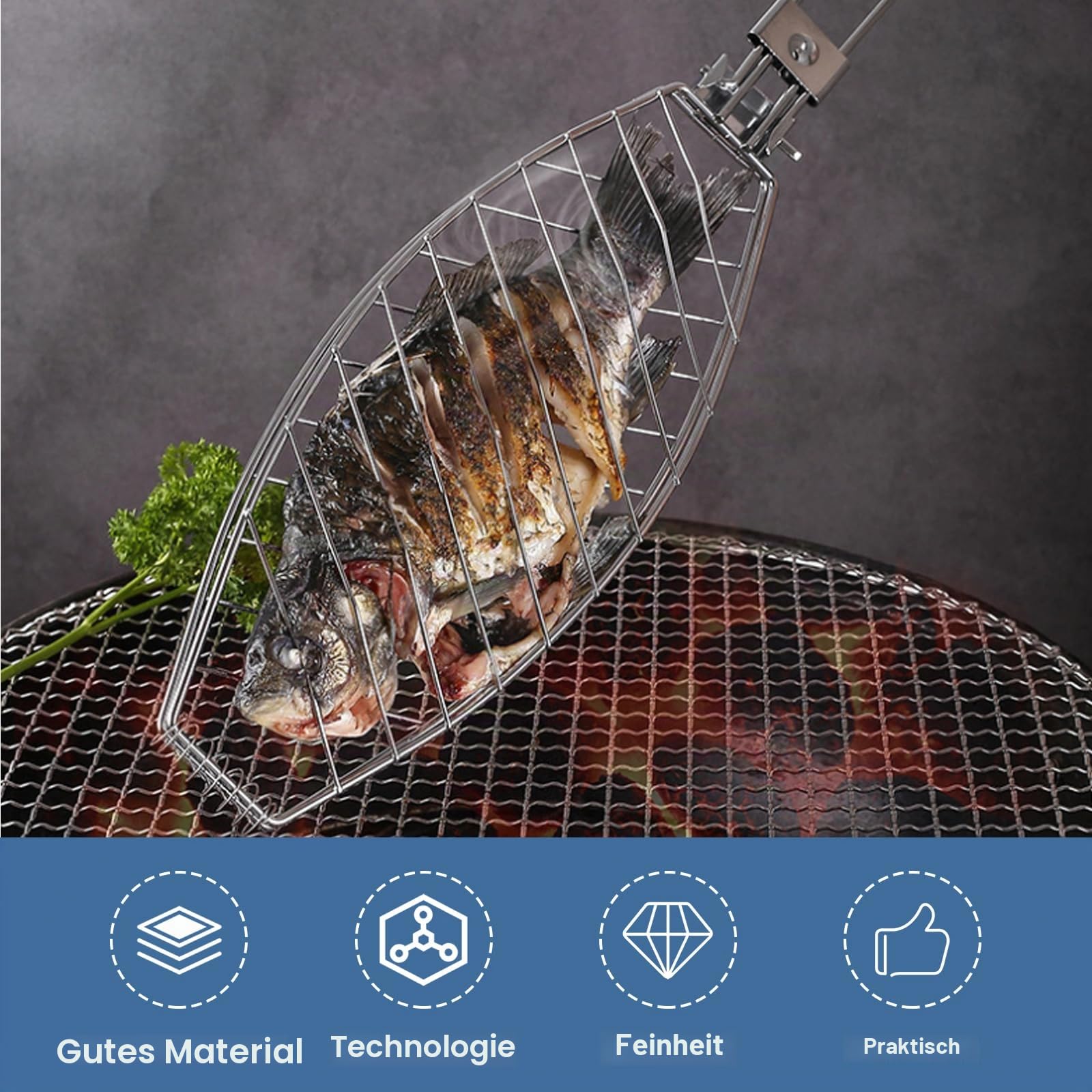 3 Stück Fisch Grillhalter mit Holzgriff, 63x12cm Große Fischbräter Fischgriller mit Griff aus Metall, Grillfisch Rack Fischgrillzange Fischkorb für Grill und BBQ