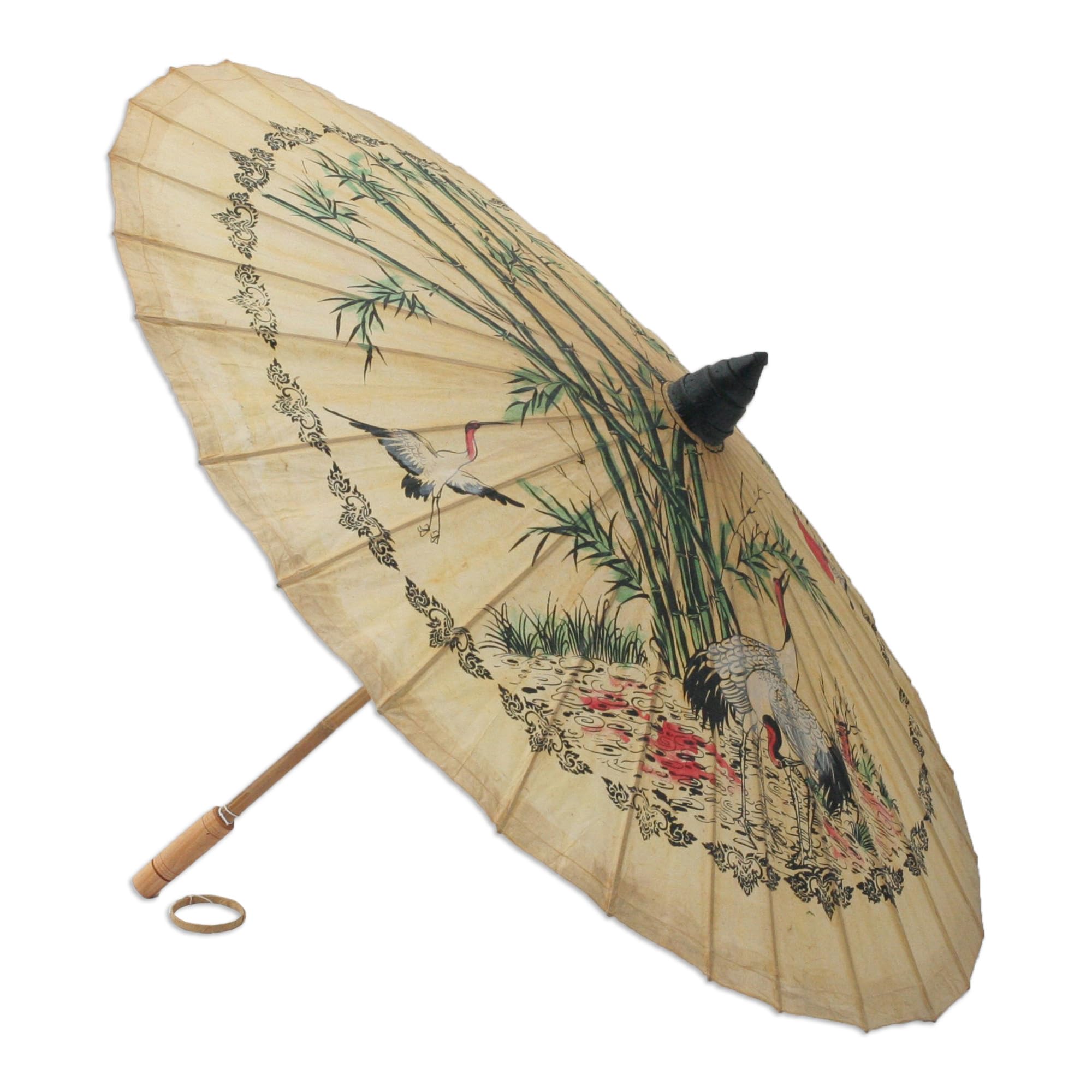 NOVICA Bird and Flower Saa Paper and Bamboo Parasol 'Crane Morning'