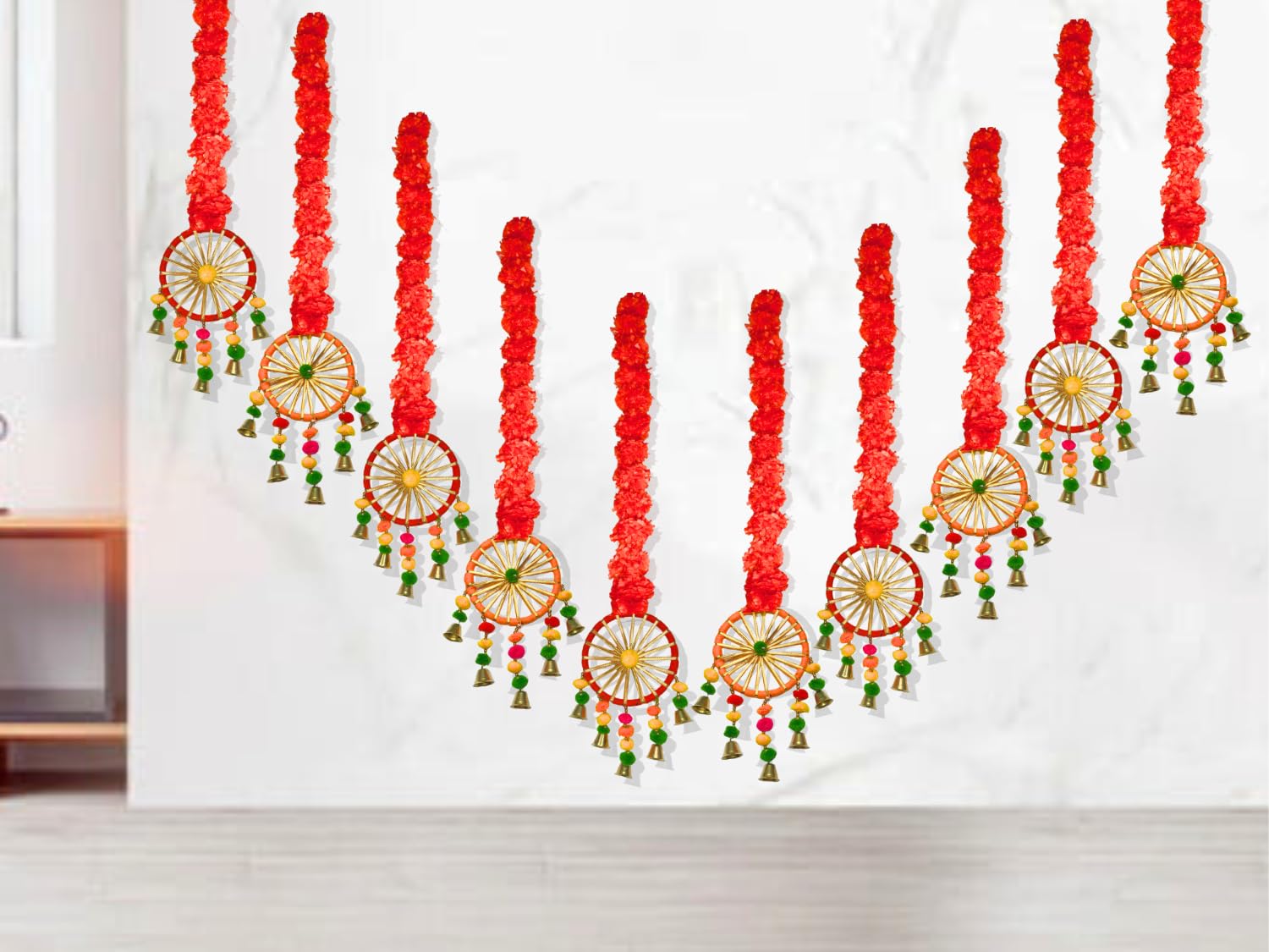 DRYPHON Artificial Marigold Flowers with Pom Pom Ring Bell Hanging Garlands for Home, Diwali & Wedding Decoration (Pack of 10)