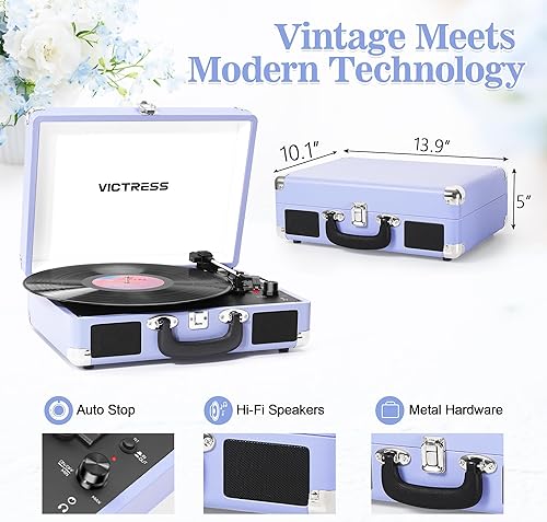 Miniatura 9 de Tocadiscos con altavoces, reproductor de discos de vinilo Bluetooth con grabación, reproductor LP portátil de maleta de 3 velocidades, tocadiscos de