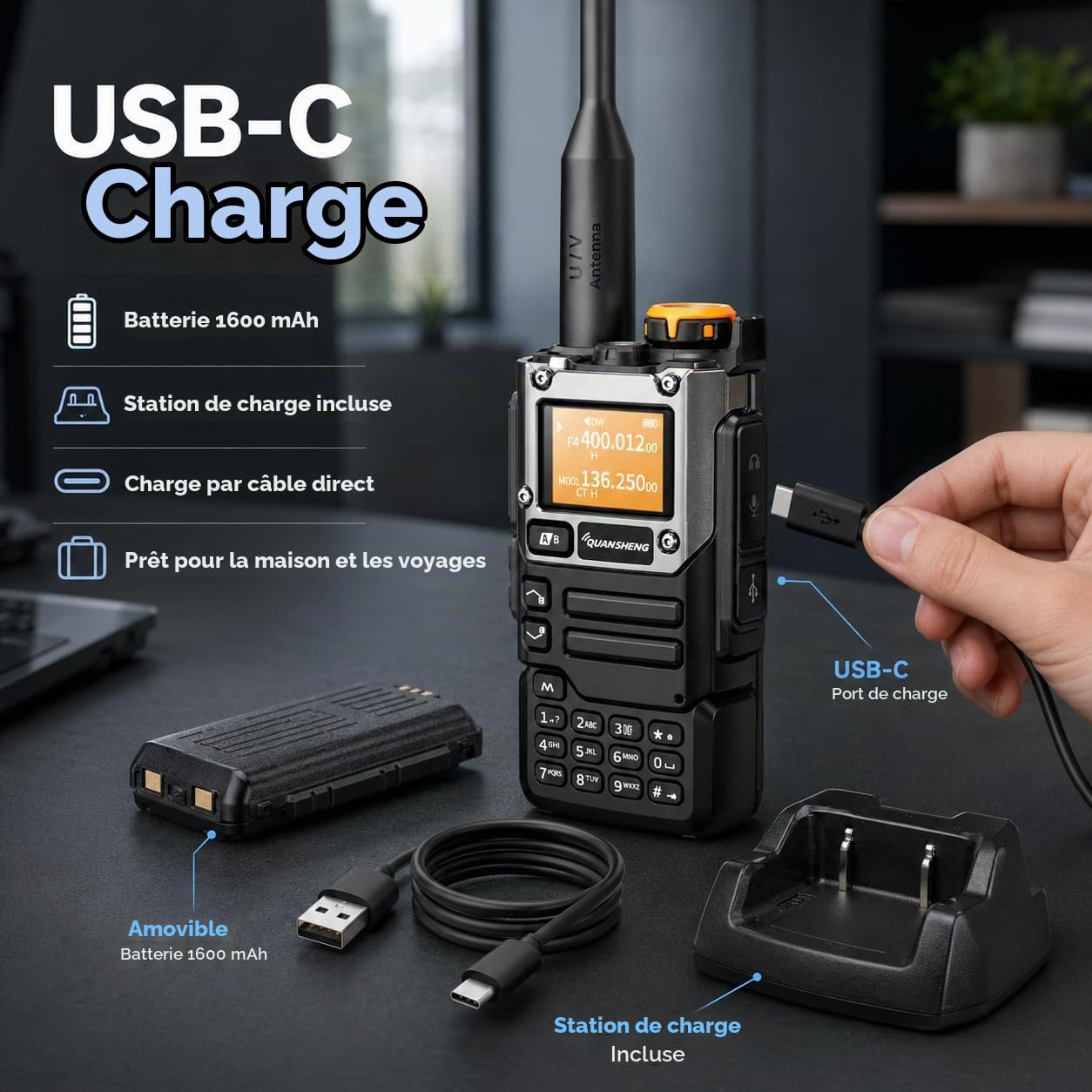 QUANSHENG UVK5(8) AM/FM/DTMF walkie Talkie 200 Channel Type-C Charging Three Frequency Receiving walkie Talkie NOAA Weather Forecast, with Flash VOX Replication Frequency LCD Display (1 Piece)