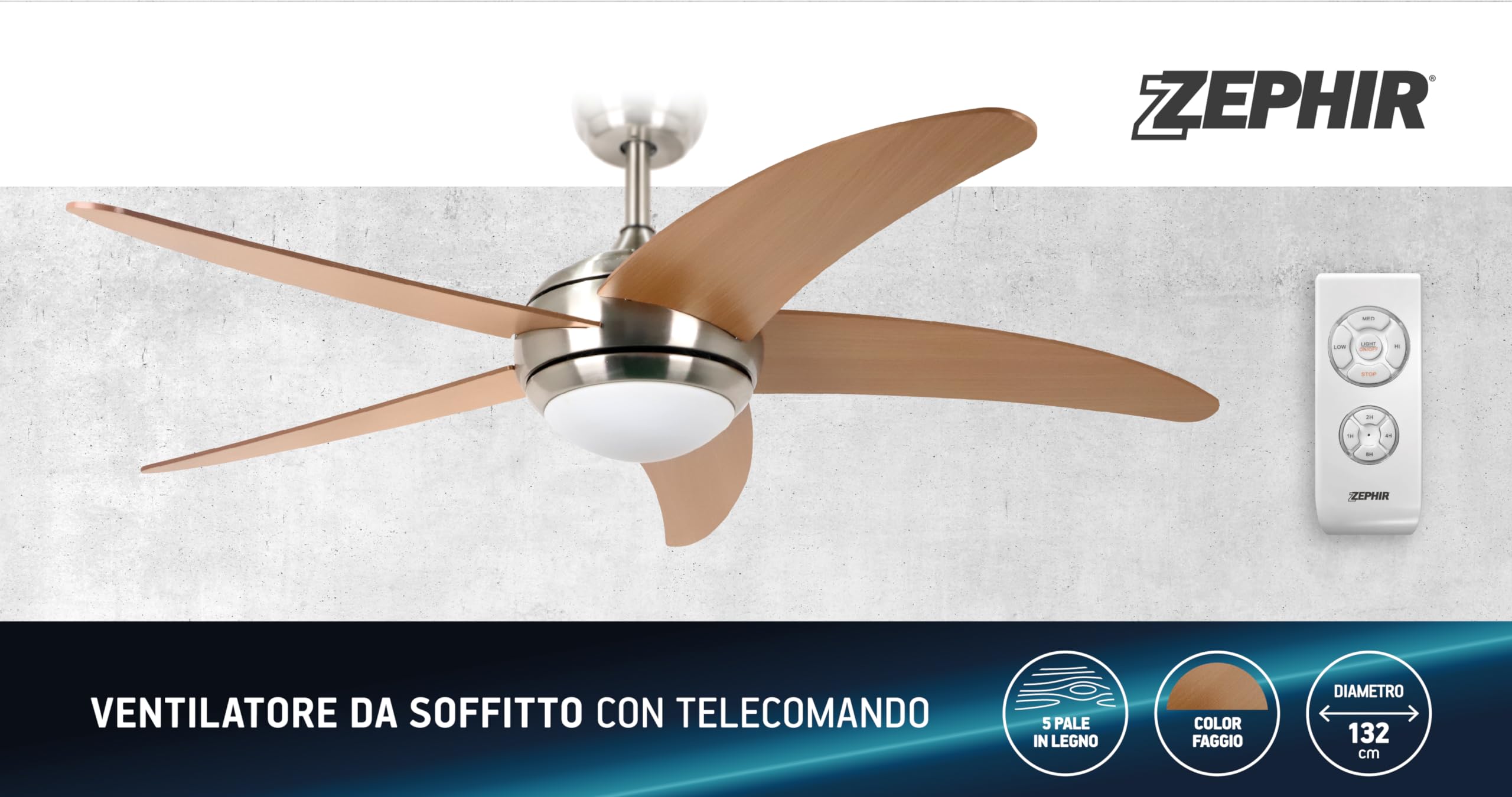 Zephir, Ventilatore da Soffitto, 5 Pale in Legno, Ventilatore con Luce, diametro 132 cm (Ricondizionato)