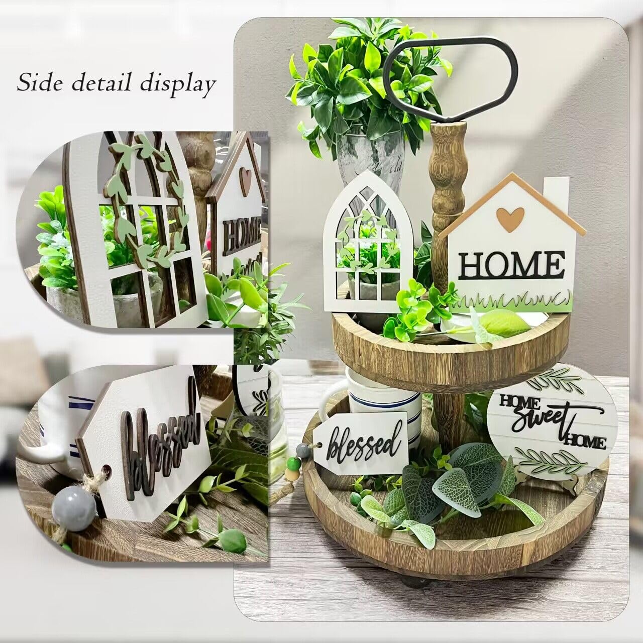 6 Pieces Farmhouse Tiered Tray Decor Beautiful Sweet Home Wood Sign Artificial Plant Rustic Tray Decorations Centerpiece Set for Home & Kitchen Decor(Tiered Tray NOT Included)