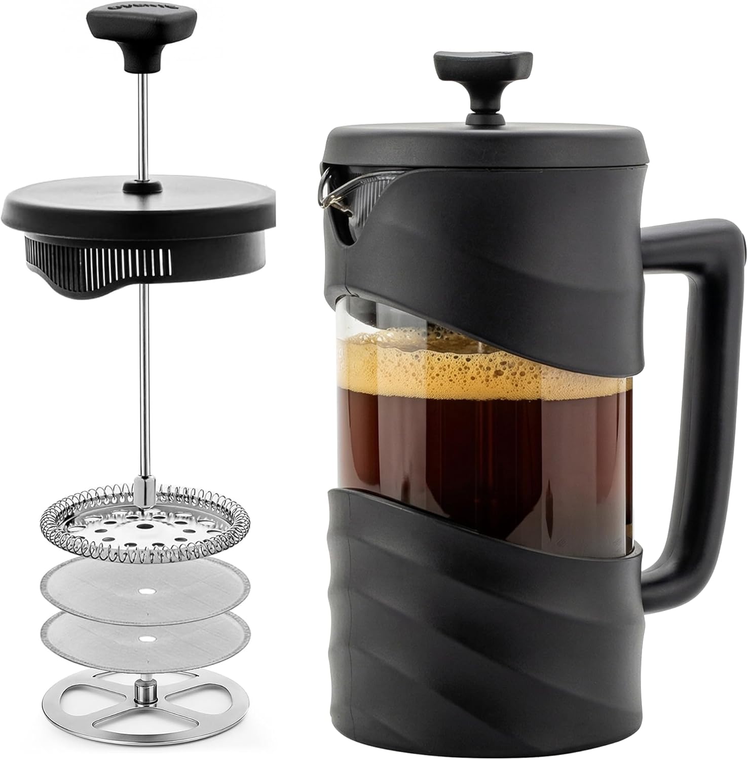 OVENTE French Press Coffee Maker 34 Ounce with Heat Resistant Borosilicate Glass & Stainless Steel 4-Level Filtration System, Portable Cold Brew Coffee Maker for Travel, Camping or Gift, Black FPW34B