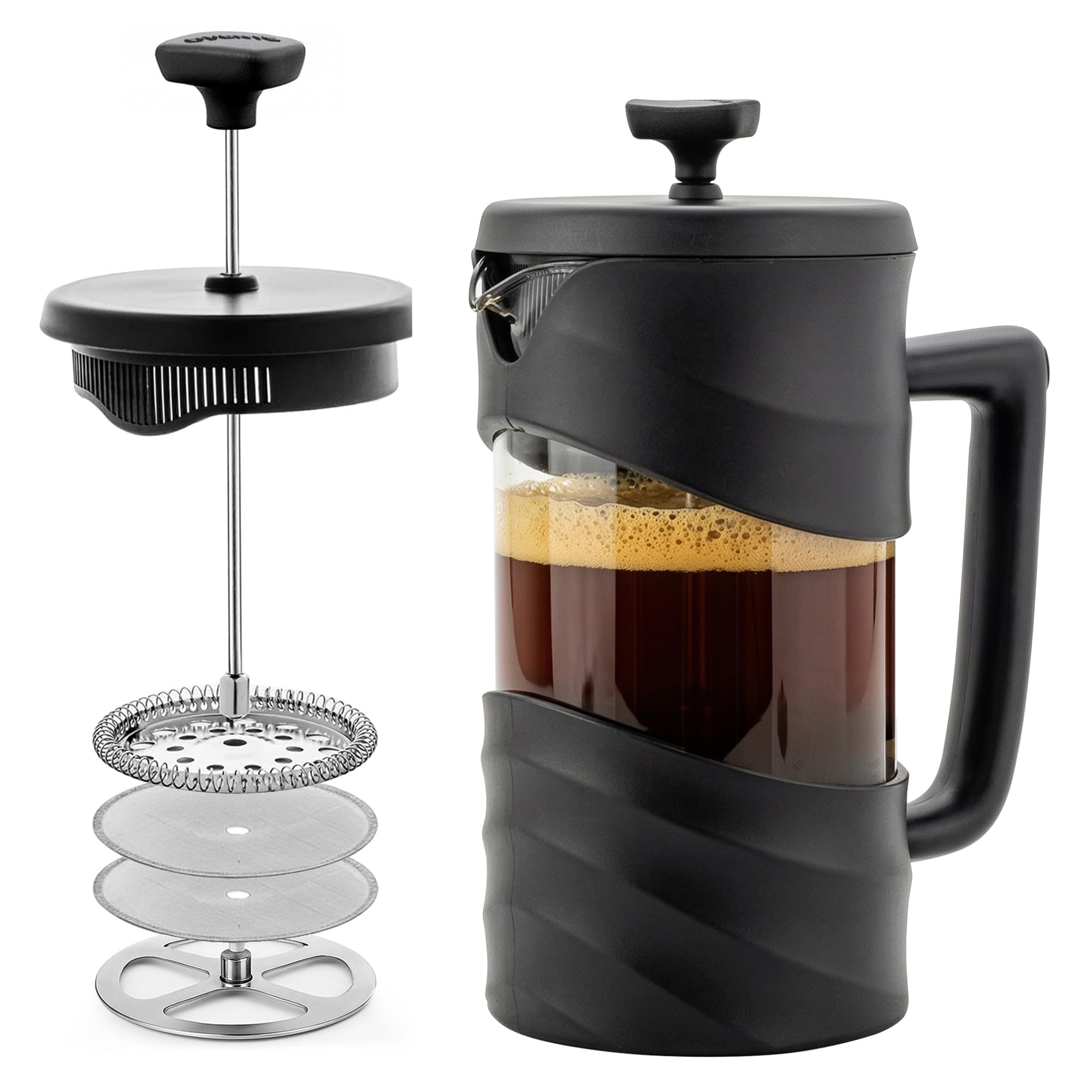 Photo 1 of ***DAMAGED***OVENTE French Press Coffee Maker 34 Ounce with Heat Resistant Borosilicate Glass & Stainless Steel 4-Level Filtration System, Portable Cold Brew Coffee Maker for Travel, Camping or Gift, Black FPW34B