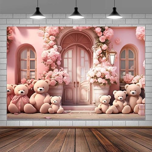 Miniatura 5 de Telón de fondo de oso rosa para puerta de arco de flores de Stree para cumpleaños, telón de fondo de poliéster de 7 x 5 pies para sesión de fotos,