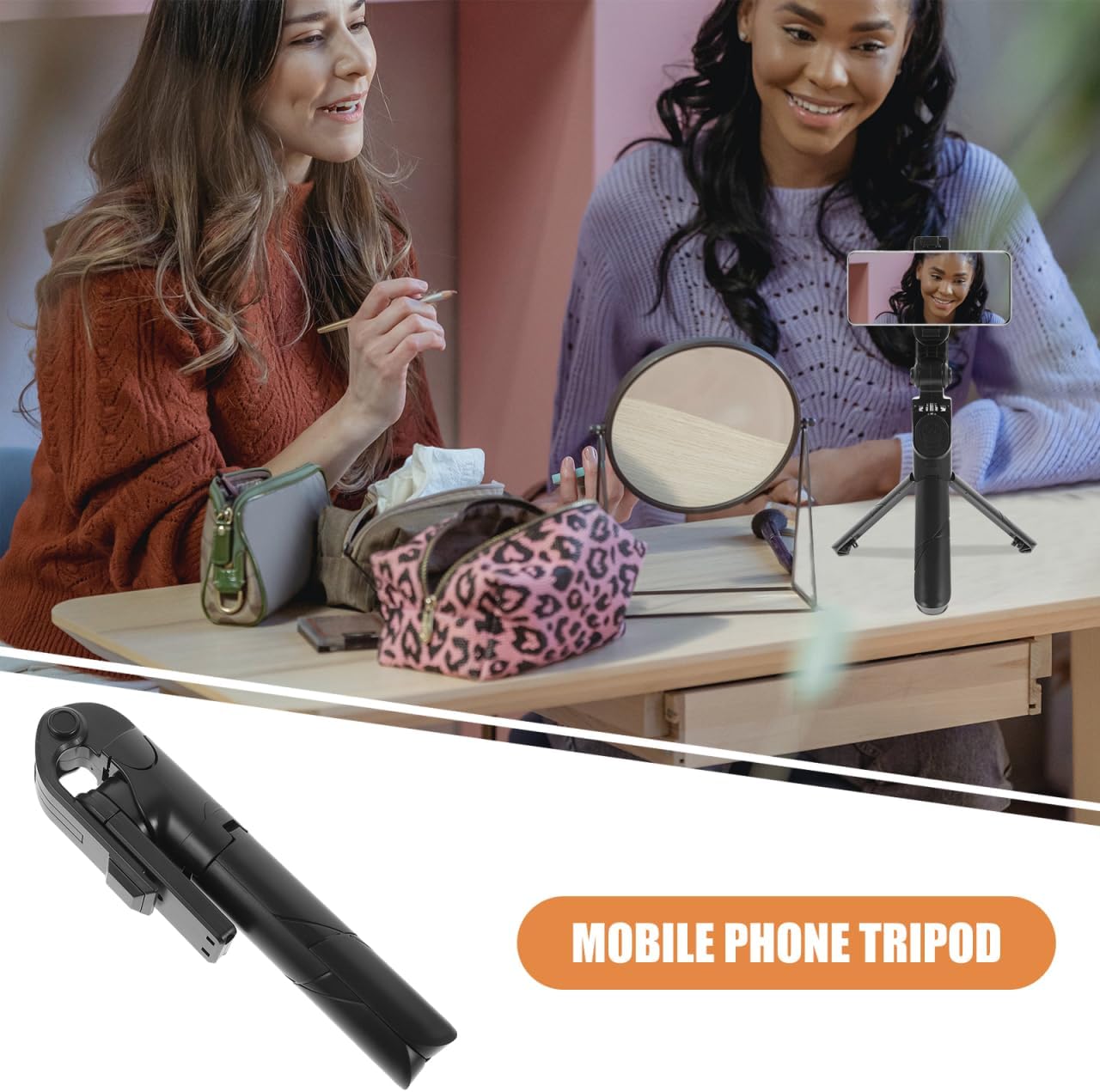 Hemobllo Phone Tripod Stand Extendable Selfie Stick Mini Folding Desktop Cell Phone Holder with Rotating Adjustment for Live Streaming Vlog Travel and Handheld Use