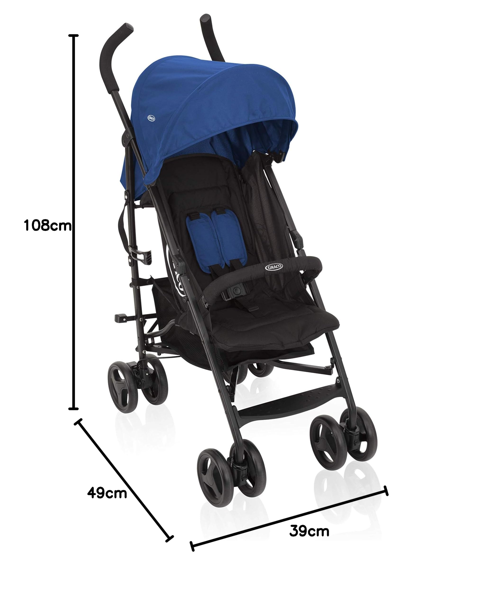Graco TraveLite Buggy blau Caspian, leicht, klein zusammenklappbar, Liegeposition, stufenlos verstellbare Rückenlehne, Tragegriff, ab Geburt bis 15 kg