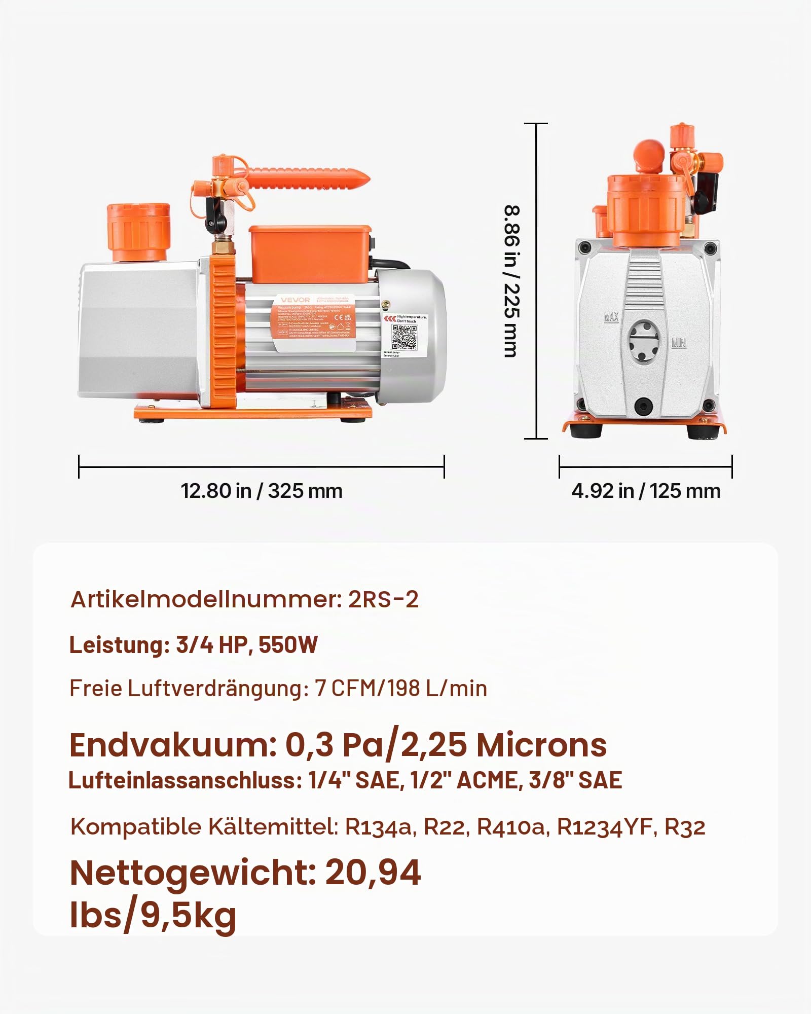 VEVOR Vakuumpumpe 7 CFM 198 L/min 2-stufig 550 W 4-poliger Motor für R134a R22 R410a R1234YF R32 Kfz-Klimaanlagen Harzentgasung