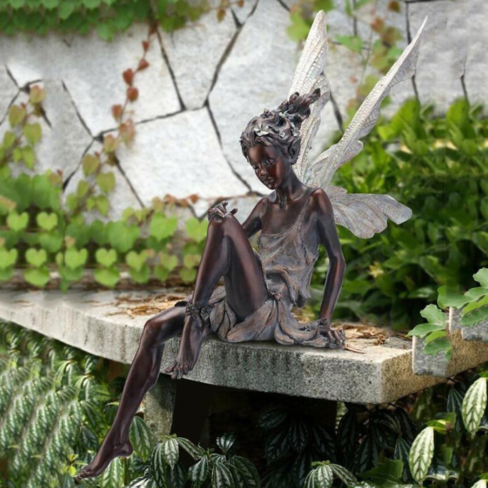 Generic Resin Sitting Garden Statue, Lifelike Fairy with Wing Sculpture Decoration, Charming Outdoor Fairy Tale Angel Outdoor Ornament Home Decor Gift - Brown