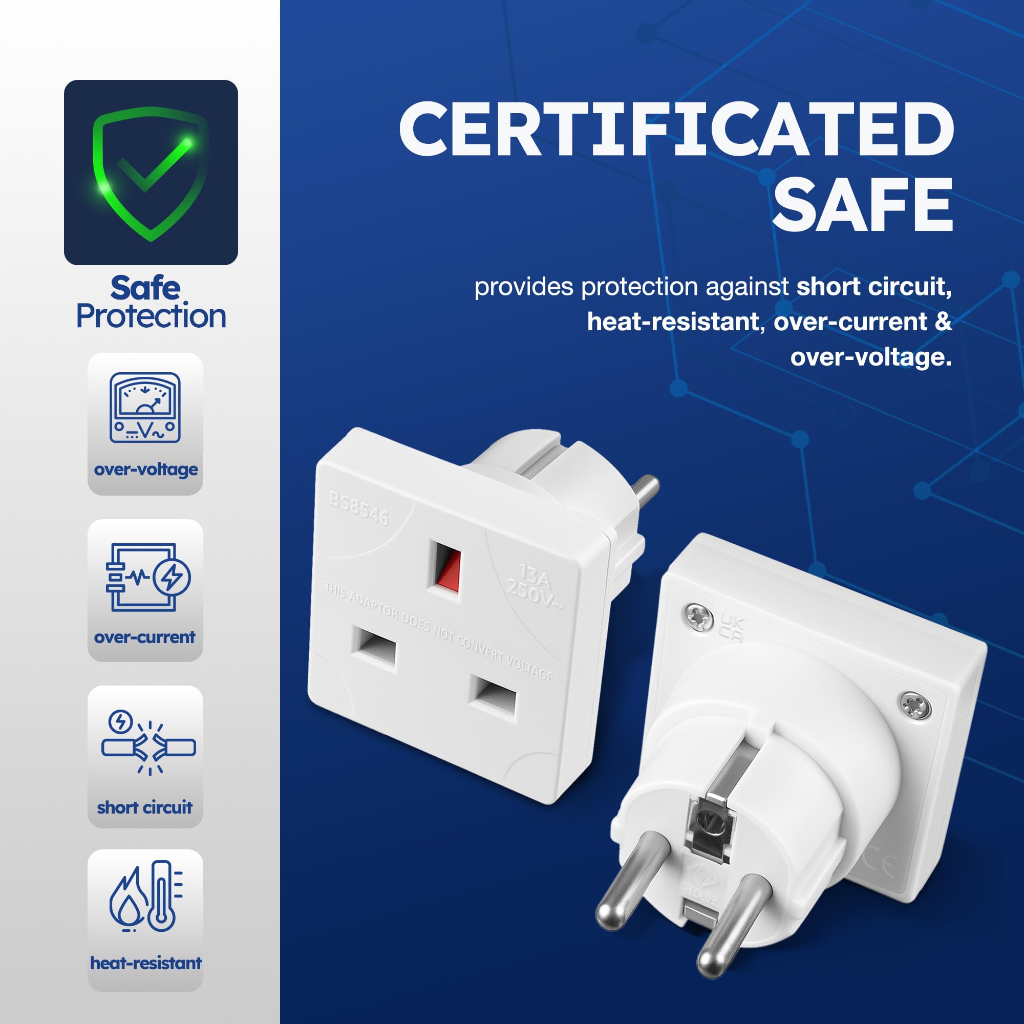 Desiretech - EU Travel Adaptor - 2 Pack - UK 3 Pin to EU 2 Pin Plug - 16A, 250V - Compact & Portable - CE Certified, Safe, Heat-Resistant - Travel Accessory for European Trips - White — view 5