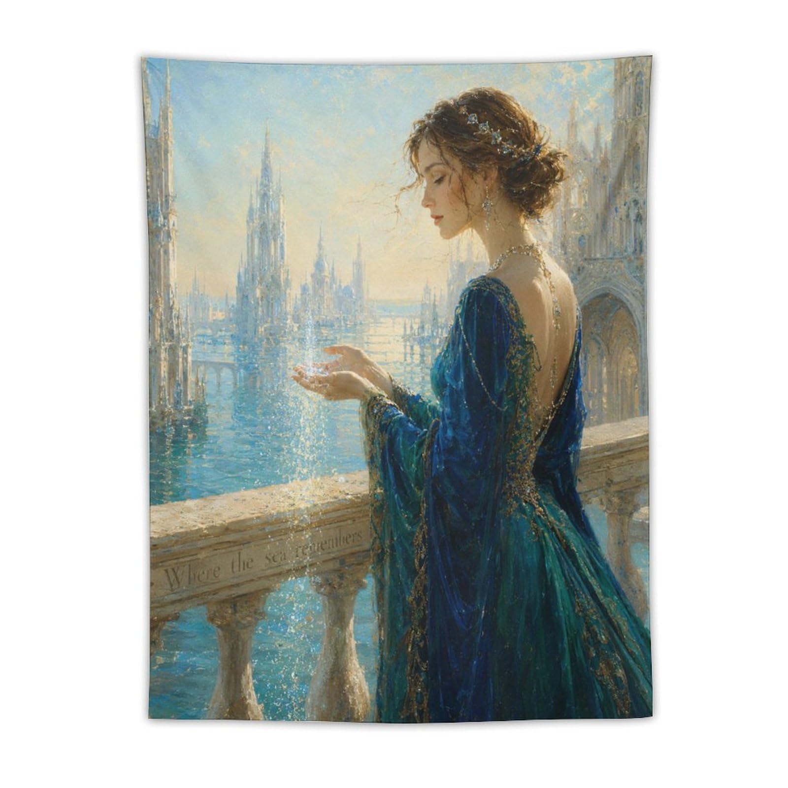 W7C8U2X3 Woman in Blue Dress Wall Tapestry, Realistic Illustration