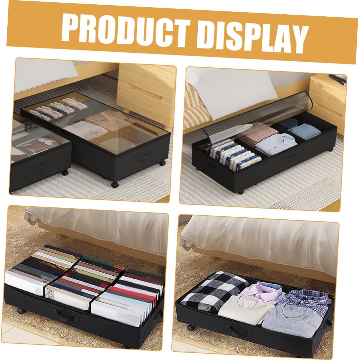 Bed Storage Organizer with Wheels, 3-grid Oxford Fabric Clothes Storage Bin, Large Capacity Dustproof Rolling Closet Container for Bedding and Clothing