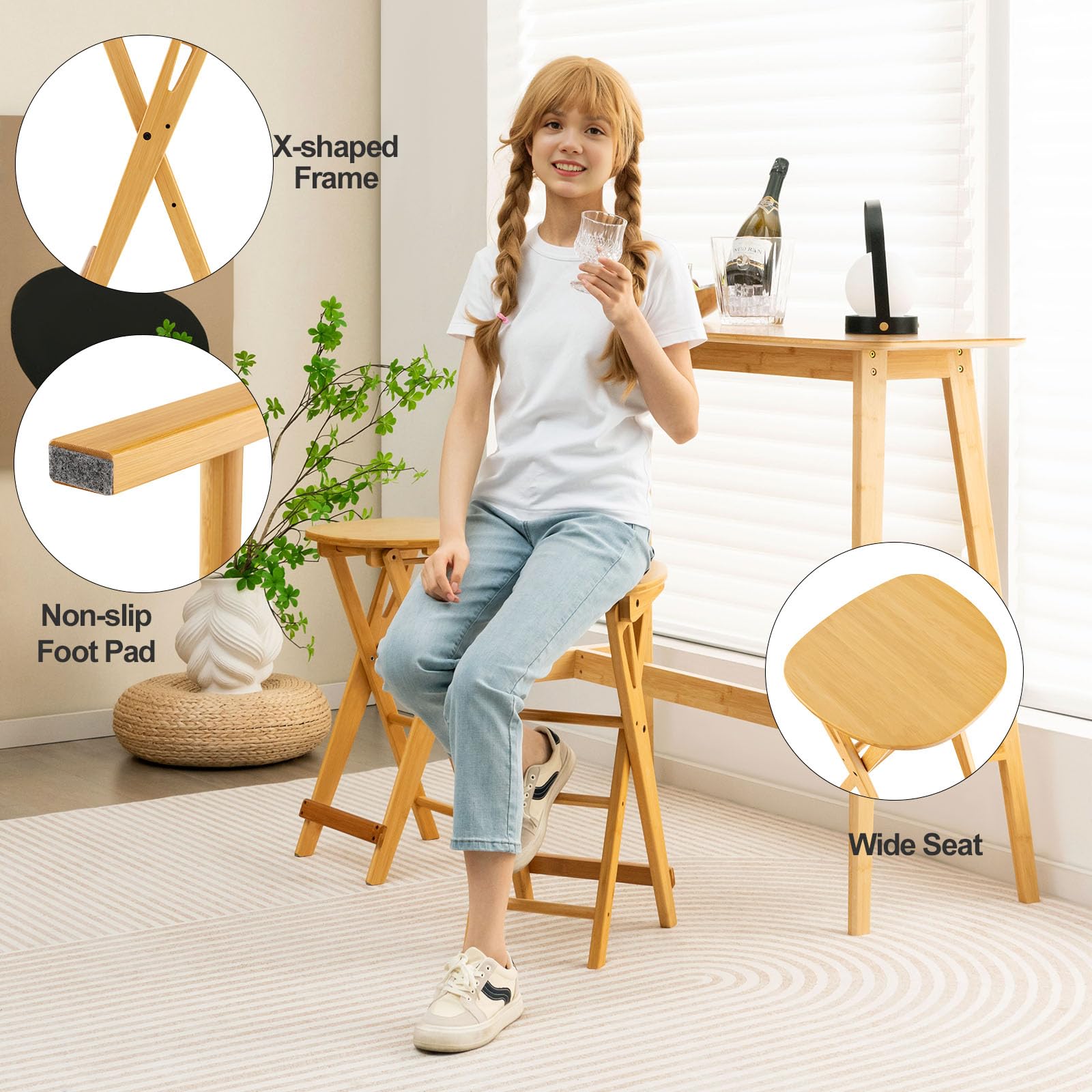 LIFEZEAL Juego de 2 taburetes de Bar de bambú, sillas Altas Plegables con reposapiés, Silla Alta Barra ergonómica sin Montaje, para Cocina, balcón, Carga 150 kg