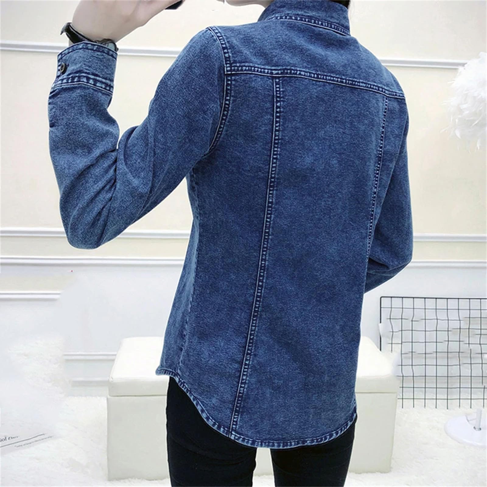 Camicia da donna in denim casual tinta unita con bottoni singoli tasche a maniche lunghe top camicie camicette