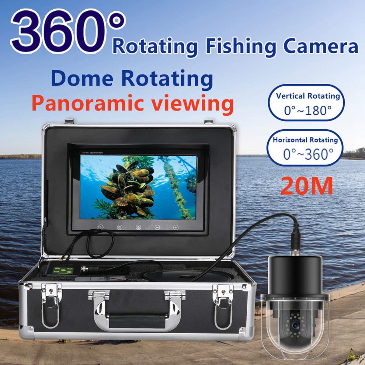 9 Inch Underwater Fishing Video Camera Fish Finder IP68 360 Degree Rotating Dome Rotating Panoramic Viewing Camera,50m (50m)