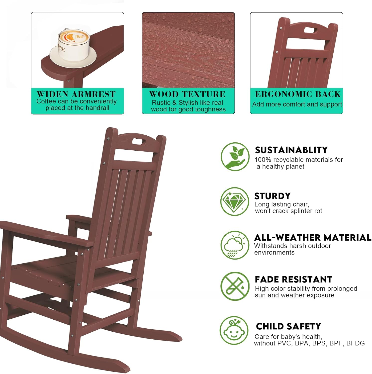 PLUUV Outdoor Rocking Chair, HDPE Patio Rocking Chairs with Footboard, All Weather Porch Rockers Outdoor for Adult, Effortless Installation, Coffee
