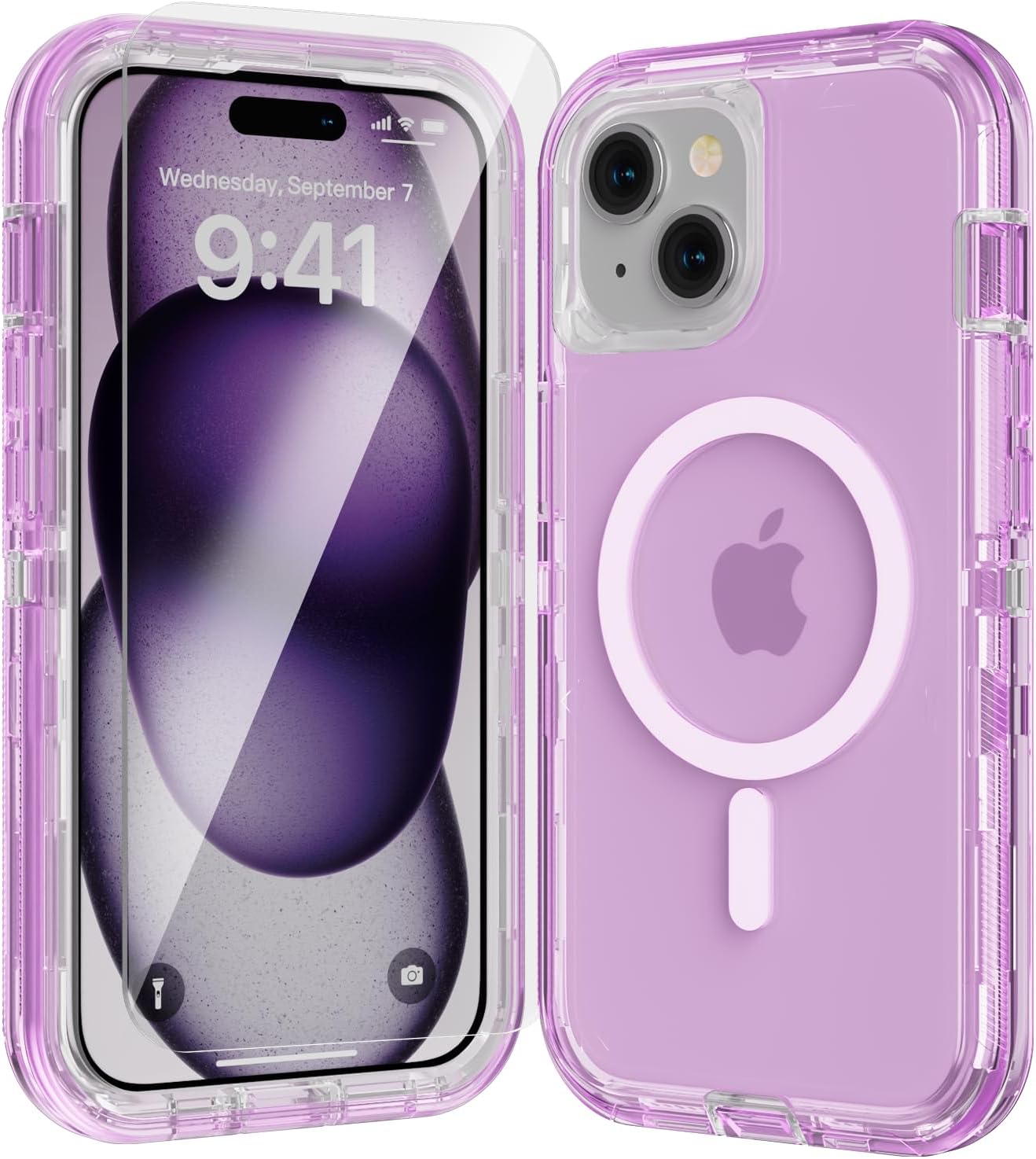 for iPhone 13 Case, Fits Magsafe,Heavy Duty Shockproof Protection Phone Cases with Screen Protector*1, Magnetic Transparent Protective Cover for iPhone 13 6.1 '', Purple