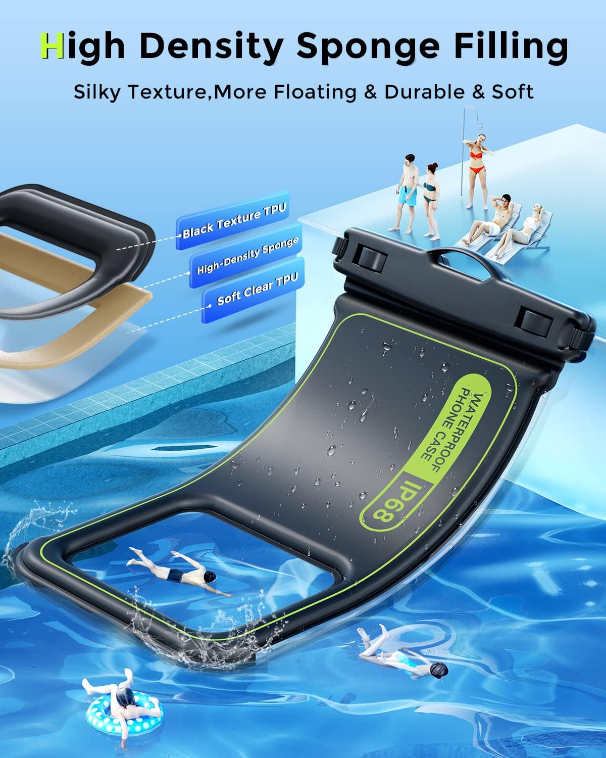 [2 Pcs] Humixx Sponge Waterproof Phone Pouch Floating [20X Super Buoyancy] [Lightweight & Silky Touch], IP68 Waterproof Phone Case Dry Bag with Fluorescent Lanyard for iPhone Samsung Google Up to 8.8”
