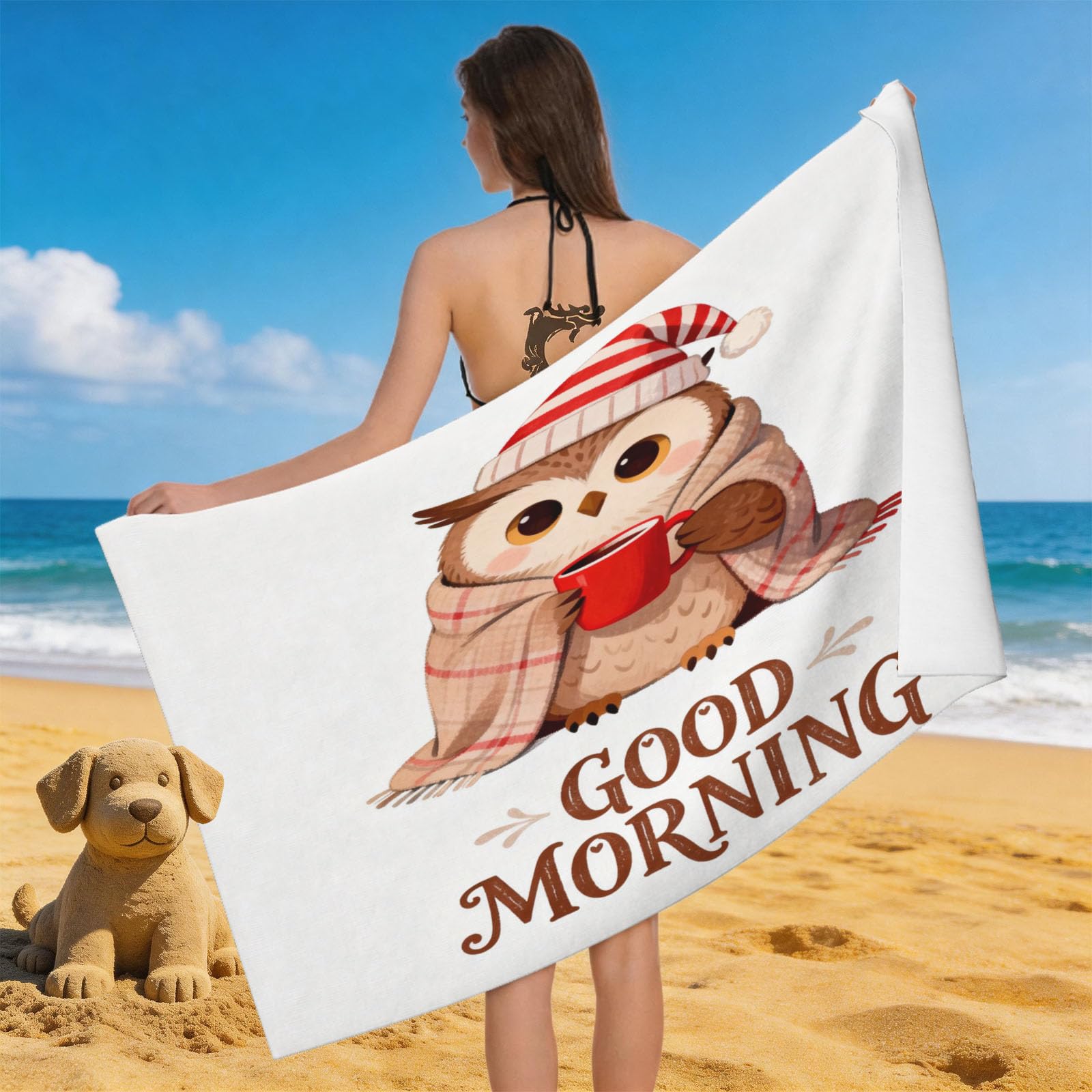 Leichong 3D Cartoon Owls Beach Towel Large Microfiber Soft Quick Dry for Adults, Simple Bath Towel Lightweight Soft Absorbent for Travel Swimming Pool Sports, 80 x 160 cm