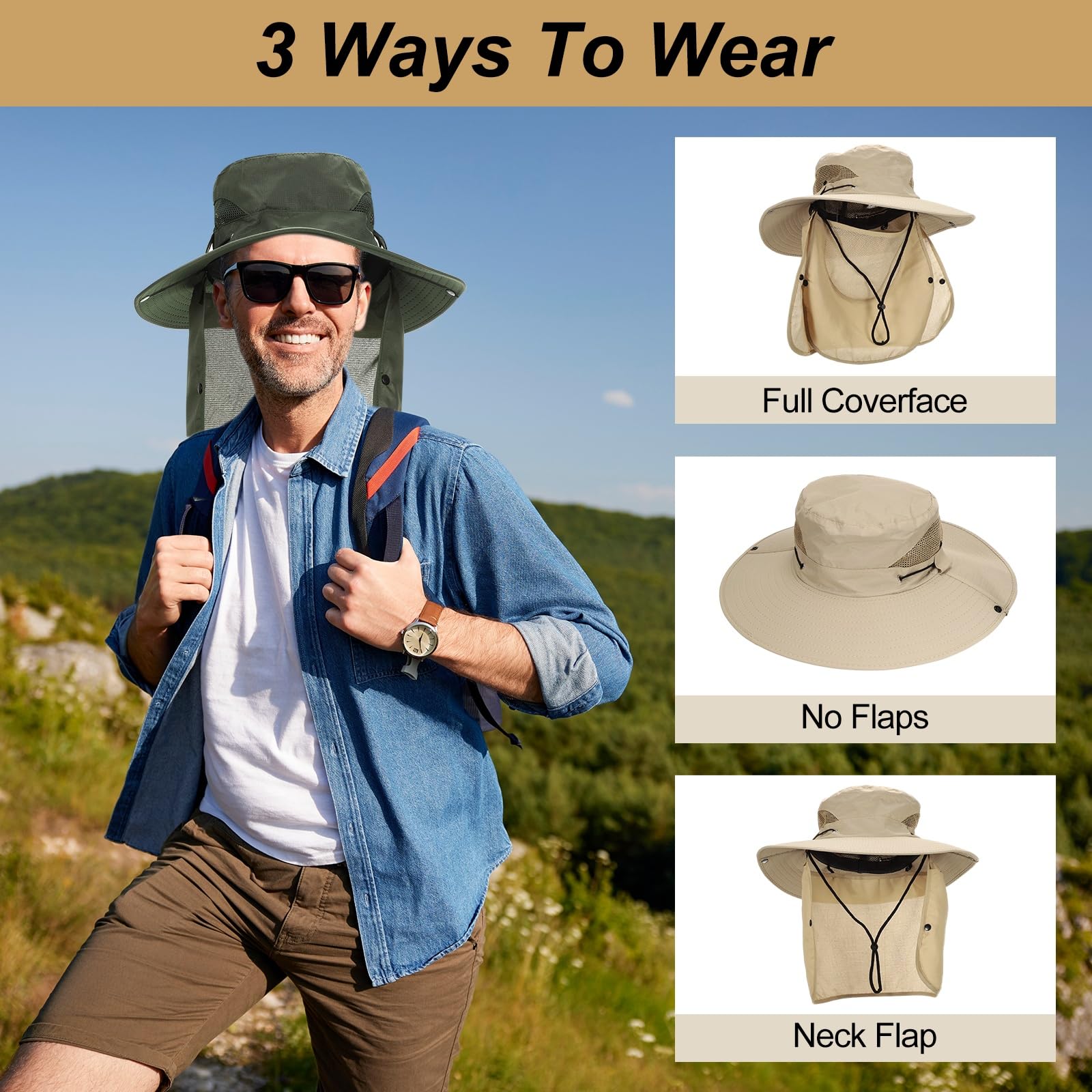 QUARKZMAN 2 Pezzi Cappello A Teso Larga in Poliestere Unisex da Pesca | Cappello Di Protezione Solare, Con Ala Rimovibile, Per Viso E Collo, Per Spiaggia Escursionismo Giardino Lavoro In