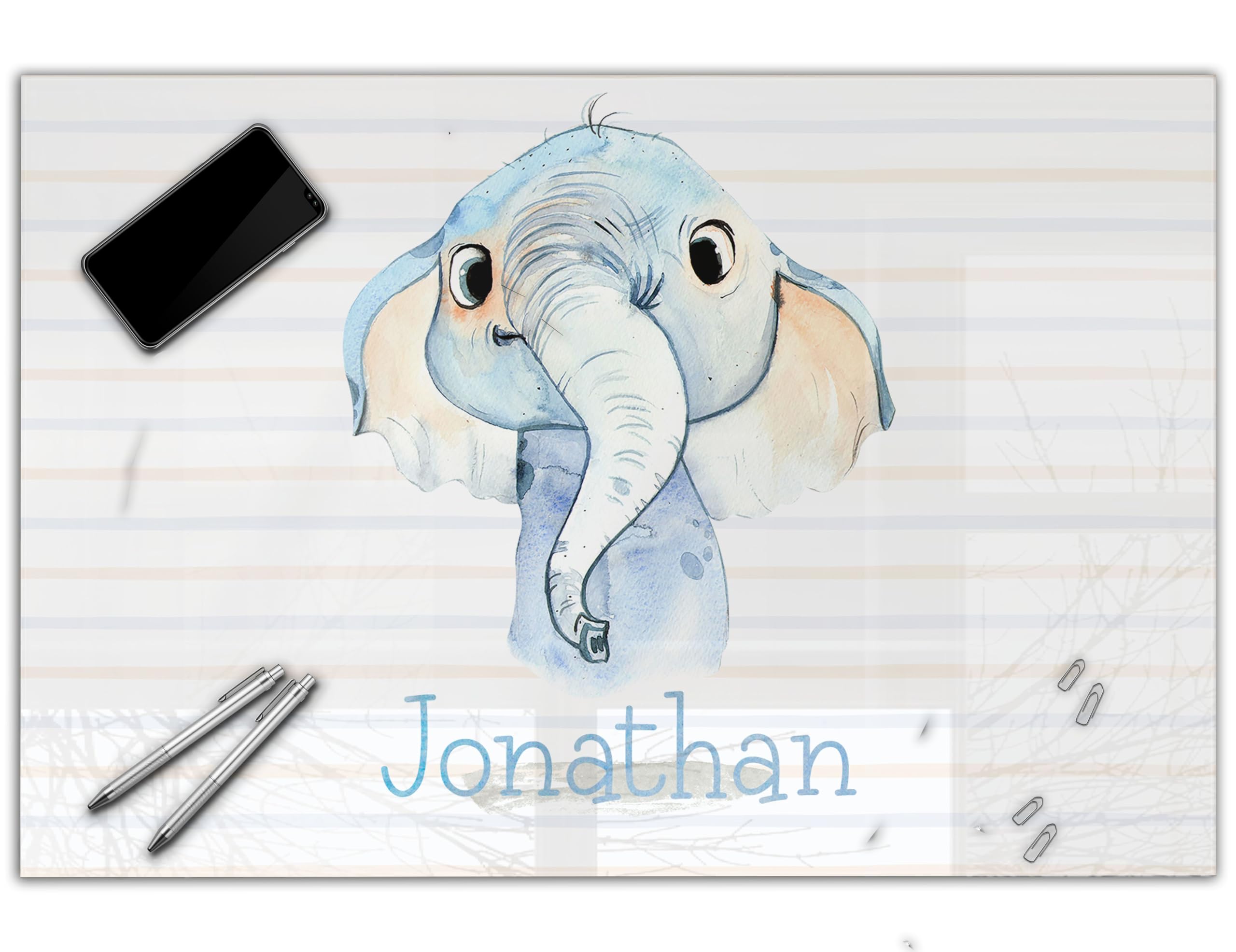 Schreibtischunterlage personalisiert mit Namen | wasserfeste Schreibunterlage, abwischbar, glatt | stabiles, hochwertiges Acrylglas, Kinder Kunststoff Tiere | 80x60cm 03- Elefant