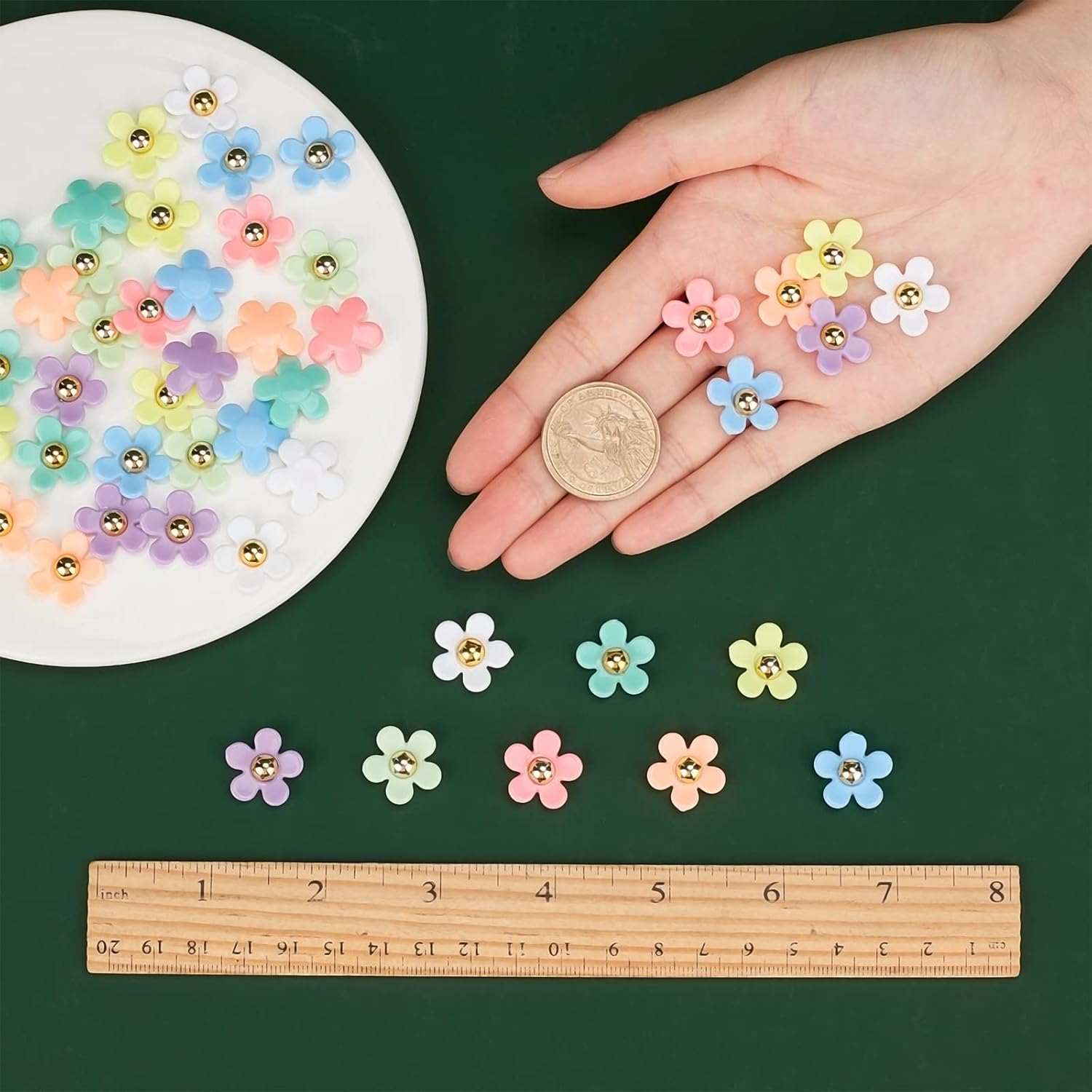 SUNNYCLUE 1 Box 64pcs 8 Colors Acrylic Flower Cabochons Resin Colorful Flatback Floral Charms with Golden Beads for Jewelry DIY Decorations Hairclips Scrapbooking Embellishment Crafts Supplies